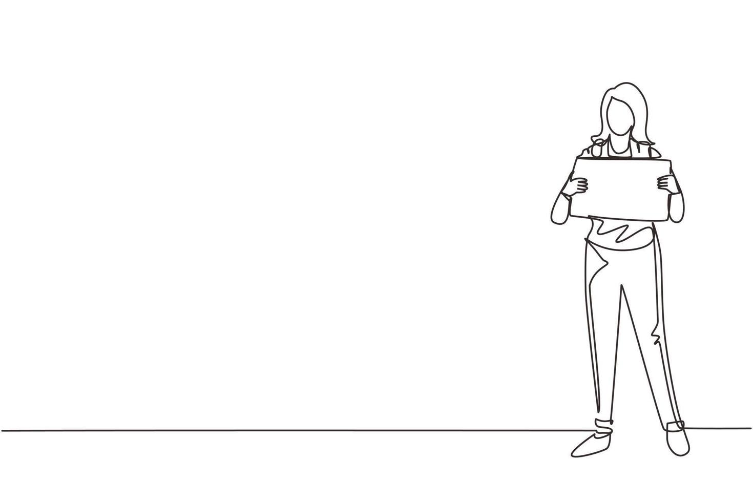 Single one line drawing happy woman traveler hitchhiking. Young tourists with backpacks trying catch car on road. Vacation and trip concept. Continuous line draw design graphic vector illustration