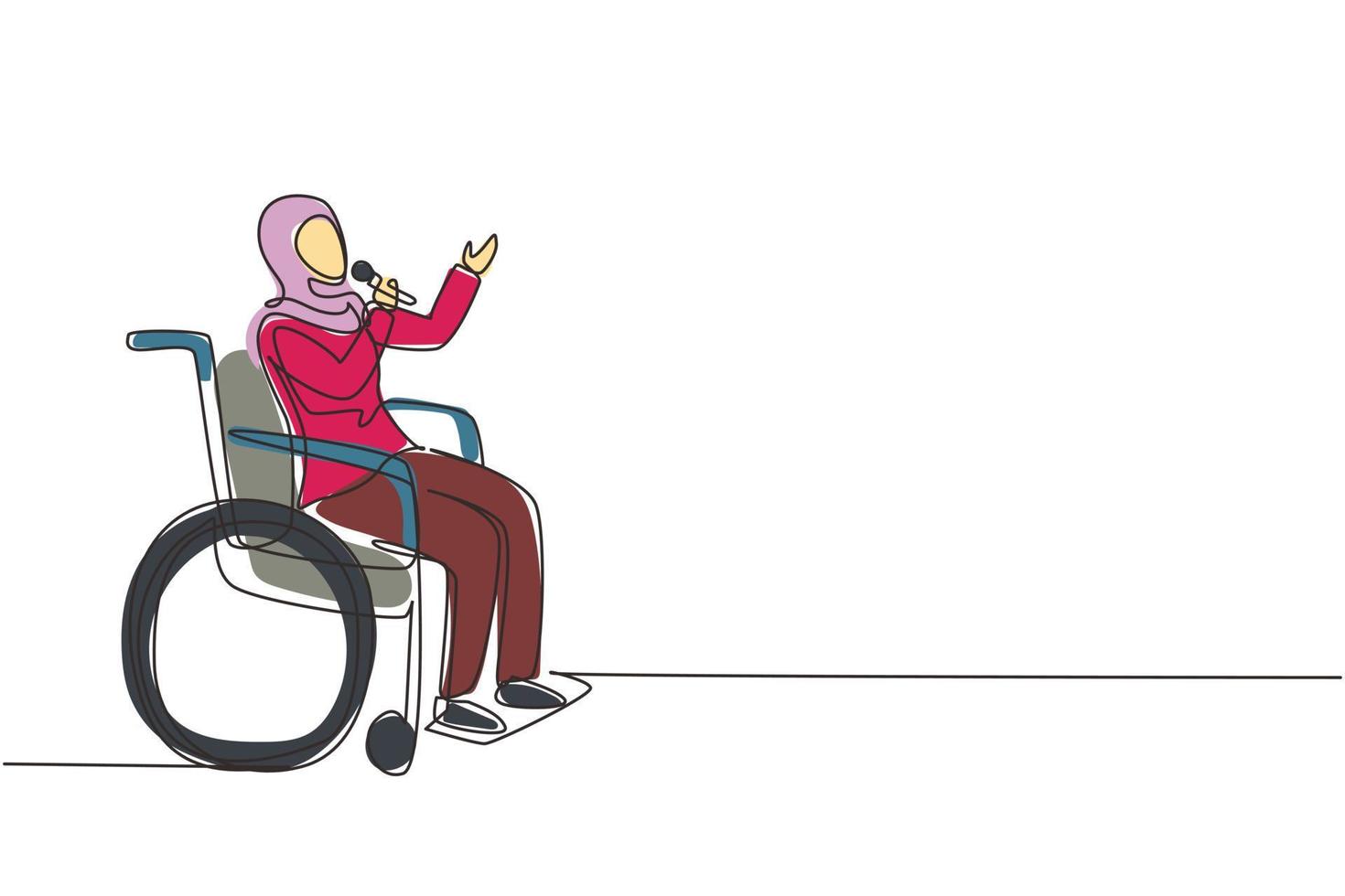 dibujo de una sola línea continua persona discapacitada disfrutando de la vida. mujer árabe sentada en silla de ruedas cantando en karaoke. pasar tiempo en un lugar recreativo. ilustración de vector de diseño gráfico de dibujo de una línea