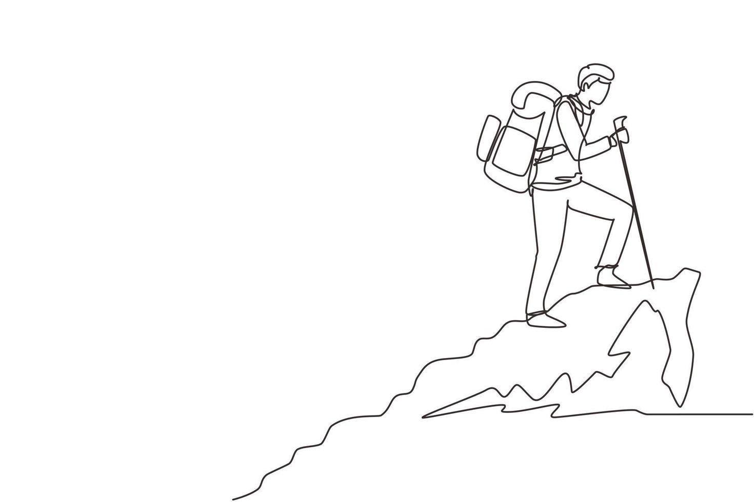 dibujo de una sola línea continua joven excursionista con mochila en la cima de la montaña. bosquejo simple del hombre del trekking, actividad al aire libre. felices excursionistas, turistas o escaladores. ilustración de vector de diseño de dibujo de una línea