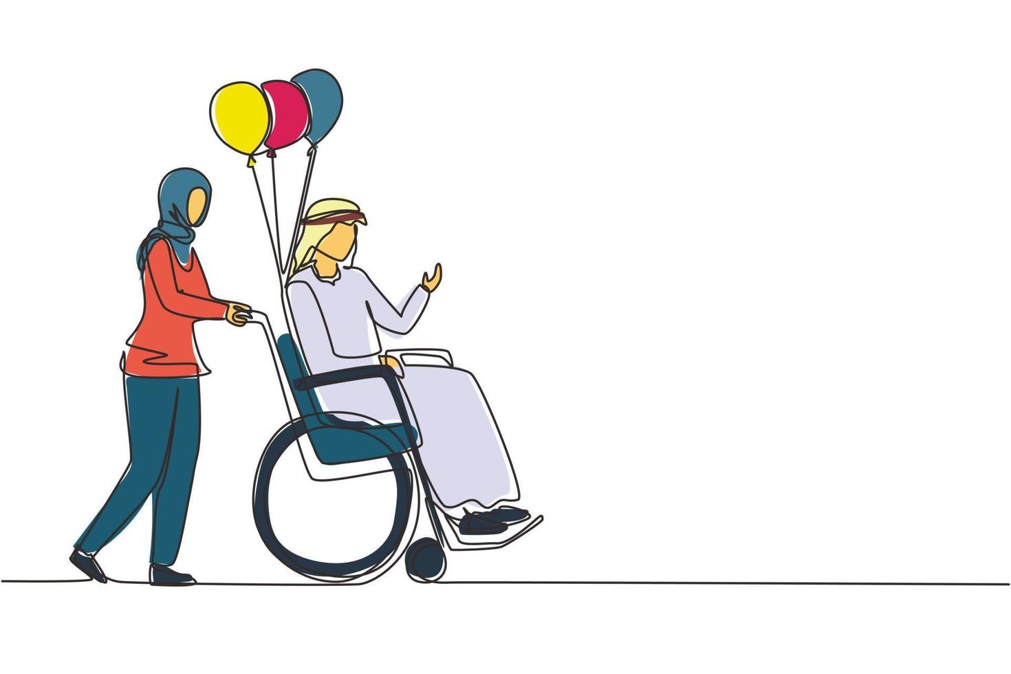 Continuous one line drawing disability people concept. Arabian woman carries disabled man in wheelchair. Accessibility, rehabilitation invalid person, people activities. Single line draw design vector