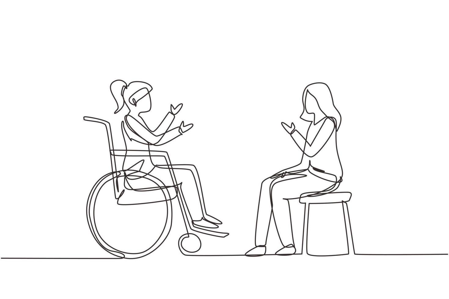 Single one line drawing two people sitting chatting, one using chair and one using wheelchair. Friendly woman are talking to each other, human disabled society. Continuous line draw design vector