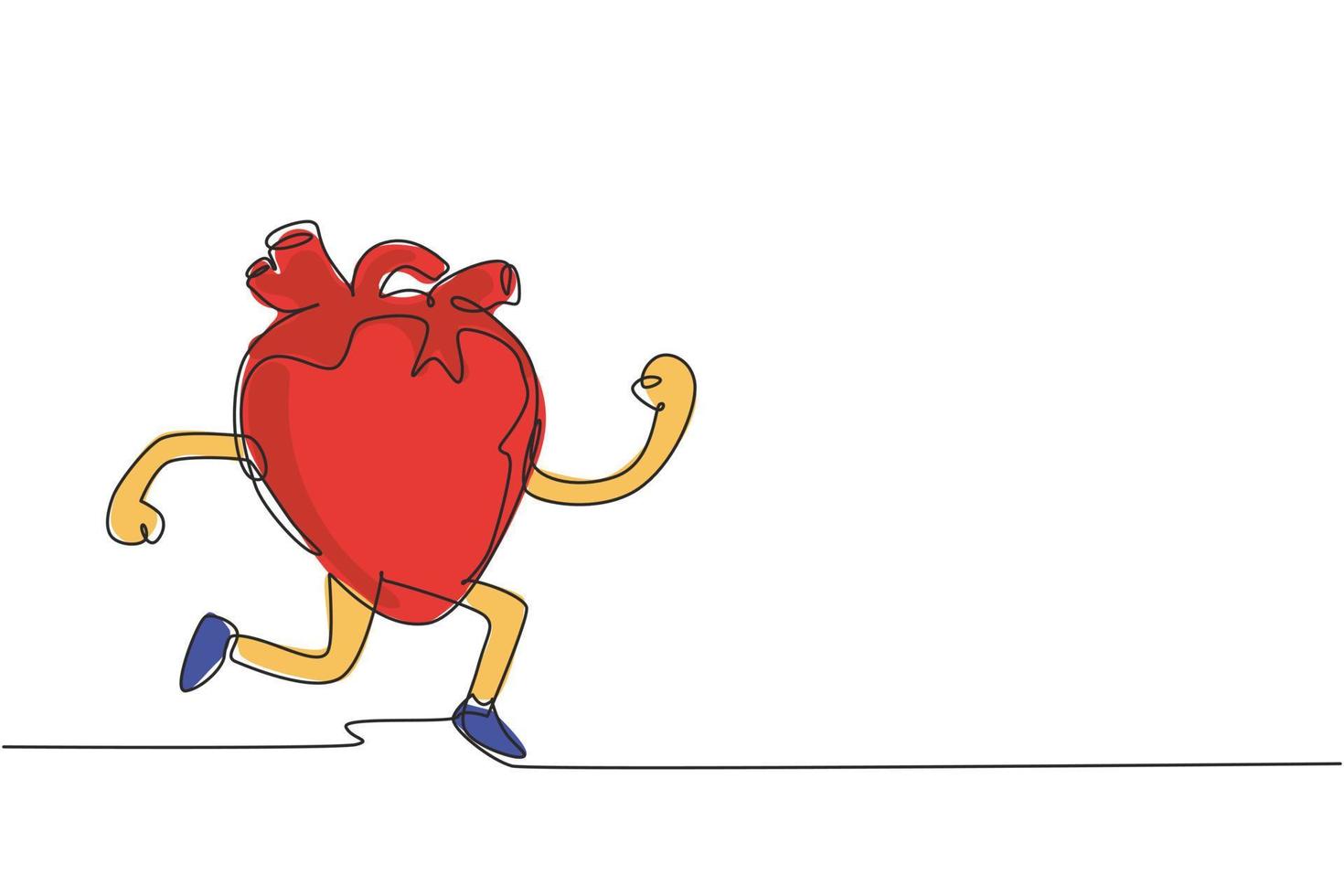 dibujo de una sola línea, lindo, divertido, corazón, órgano, jogging, correr. entrenamiento de órganos cardíacos, deporte, fitness, carrera cardiovascular, concepto de carácter de resistencia. ilustración de vector gráfico de diseño de dibujo de línea continua moderna