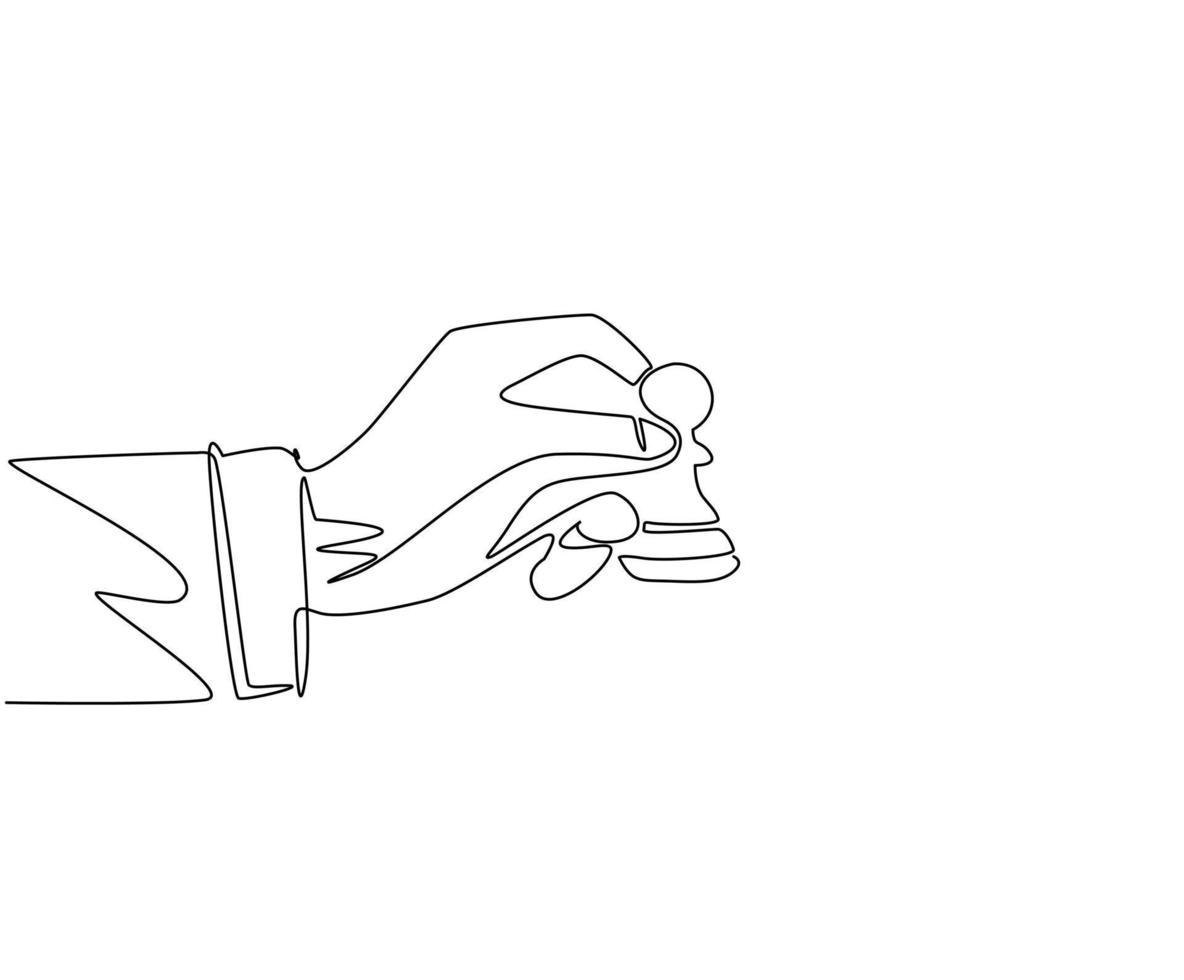 Single continuous line drawing business concept illustration of businessman hand holding chess pawn piece, strategy, strategic move concept. Dynamic one line draw graphic design vector illustration