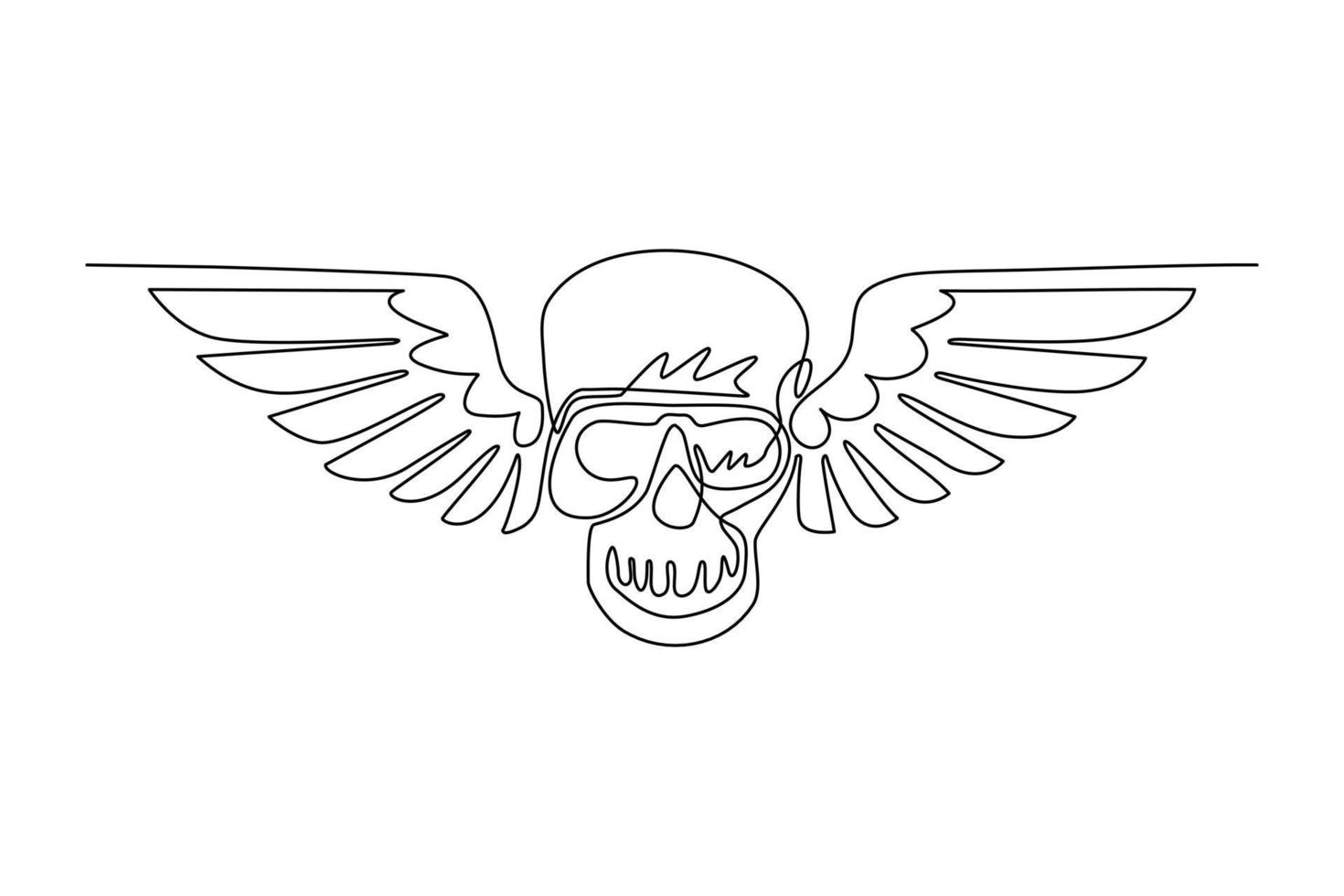 Continuous one line drawing winged skull grim reaper drawing in a vintage retro woodcut etched or engraved style. Winged human skull isolated logo. Single line draw design vector graphic illustration
