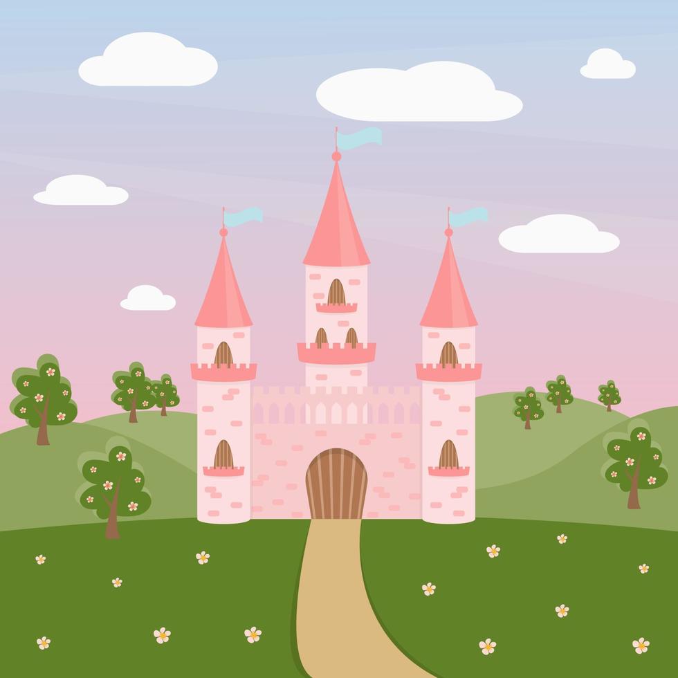 Fairytale pink castle for the princess, on a green meadow. vector