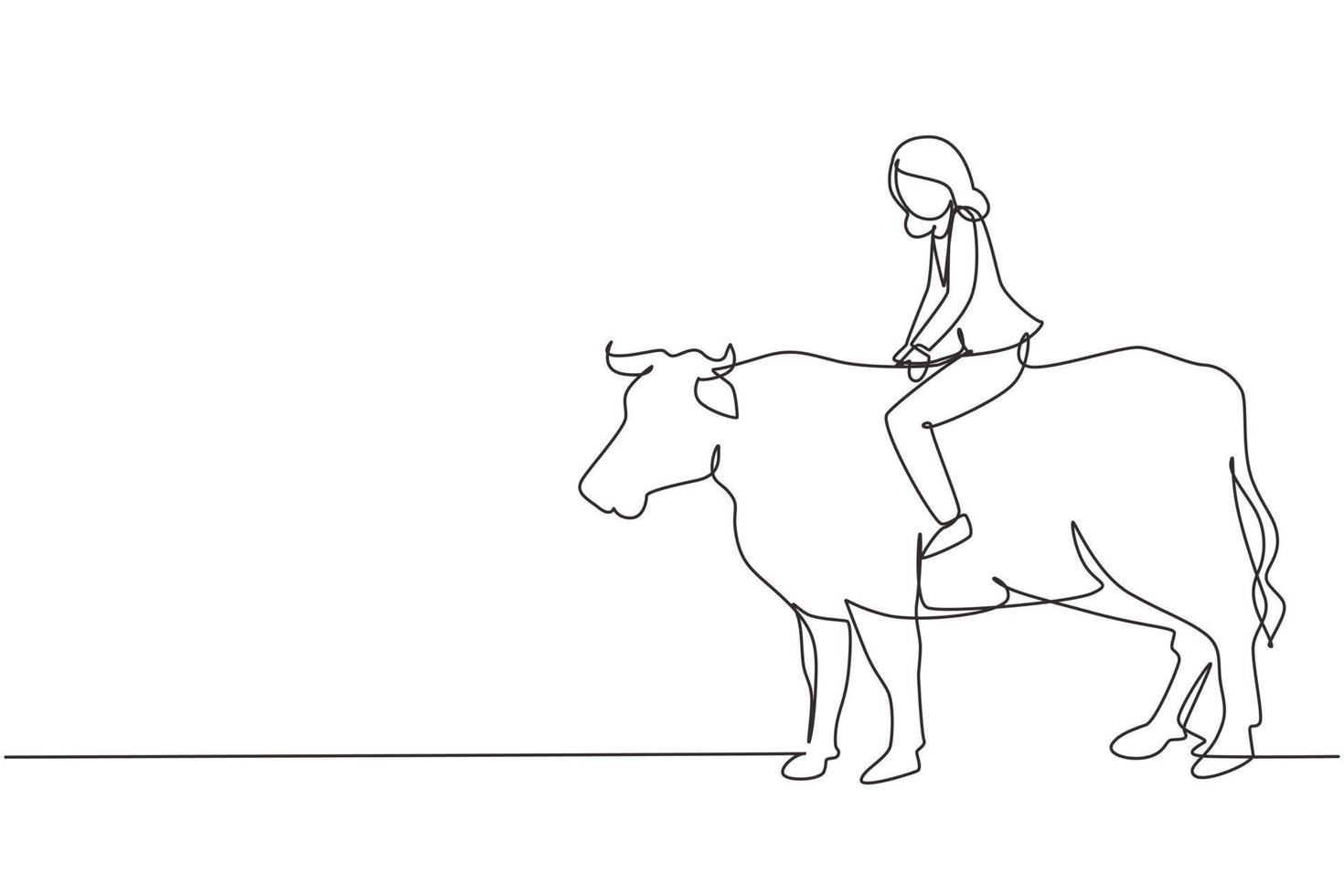 Continuous one line drawing businesswoman riding cow symbol of success. Business metaphor concept, looking at the goal, achievement, leadership. Single line draw design vector graphic illustration