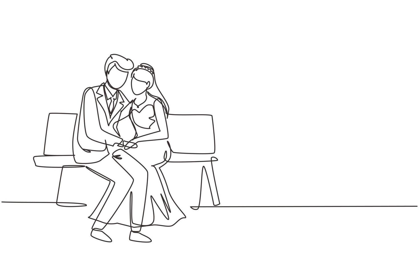 Single one line drawing romantic married couple. Man with suit and woman with wedding dress sitting on bench in city park. Intimacy celebrates wedding party. Continuous line draw design graphic vector