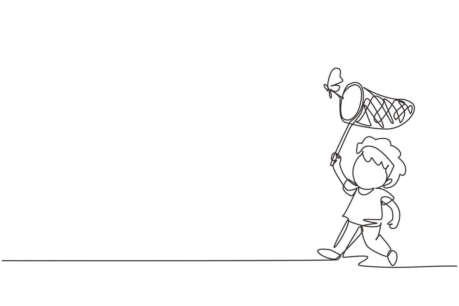 Single continuous line drawing little boy catches butterfly. Happy child runs at garden. Happy kids catching bugs in the field. Time to observe insect. One line draw graphic design vector illustration