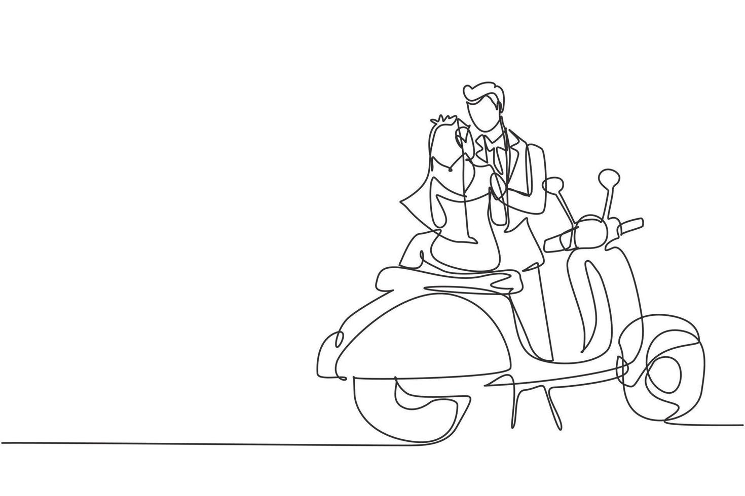 Single one line drawing married couple with wedding dress. Wife and husband with scooter, amorous relationship. Romantic road trip, journey. Continuous line draw design graphic vector illustration