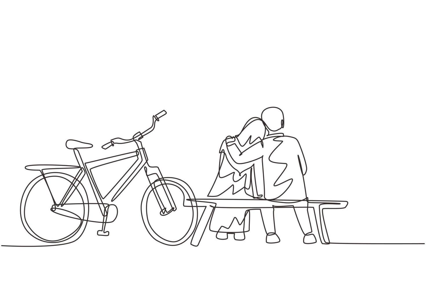 dibujo de una línea continua vista posterior pareja árabe romántica charlando mientras se sienta y se abraza en el banco. feliz hombre lindo mujer montando una bicicleta eléctrica. ilustración gráfica de vector de diseño de línea única