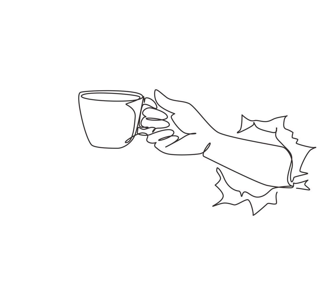 Single continuous line drawing right man's hand hold white cup with coffee or tea. Torn hole in white paper, copy space. Concept of lunch break at work, lunch. One line draw design vector illustration