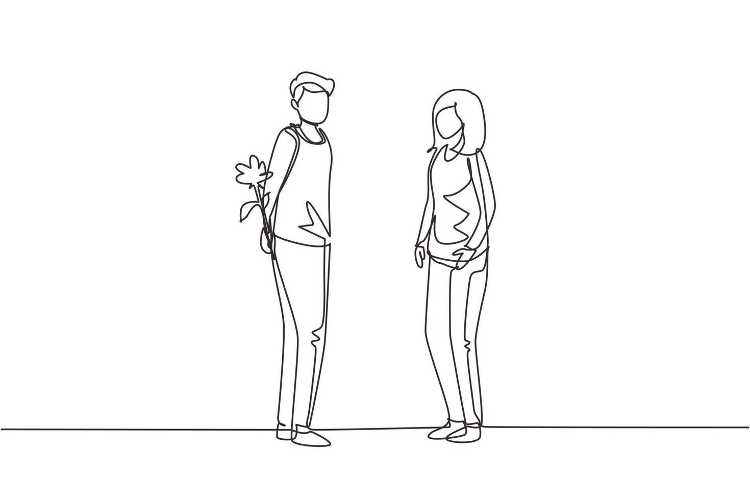 Continuous one line drawing man holding flowers behind his back and standing in front of woman. Happy boy giving rose flower to girl. Young man and woman met for dating. Single line draw design vector