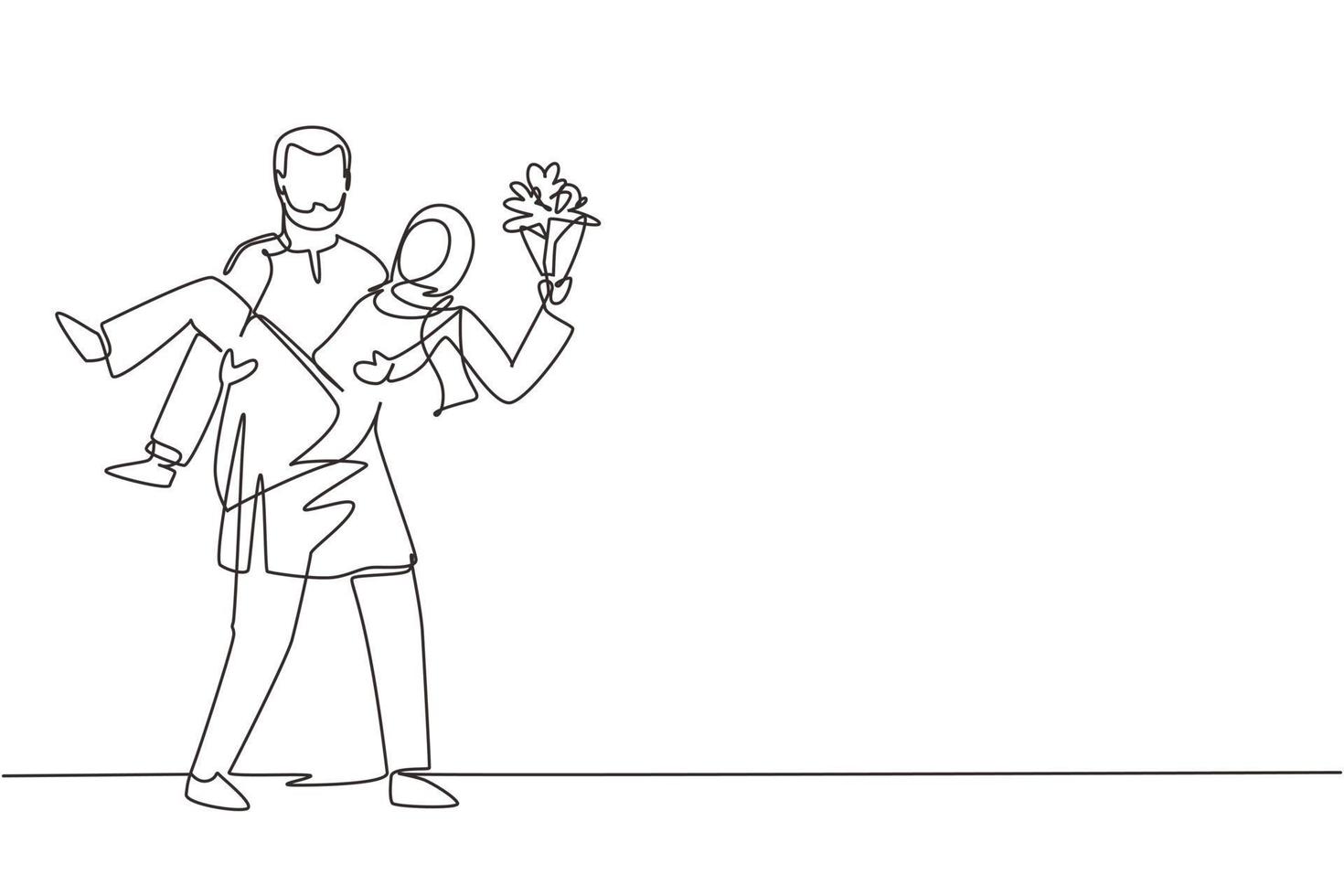 Single continuous line drawing Arabian man holding a woman and making marriage proposal with bouquet. Boy in love giving flowers. Couple getting ready for wedding. One line draw graphic design vector