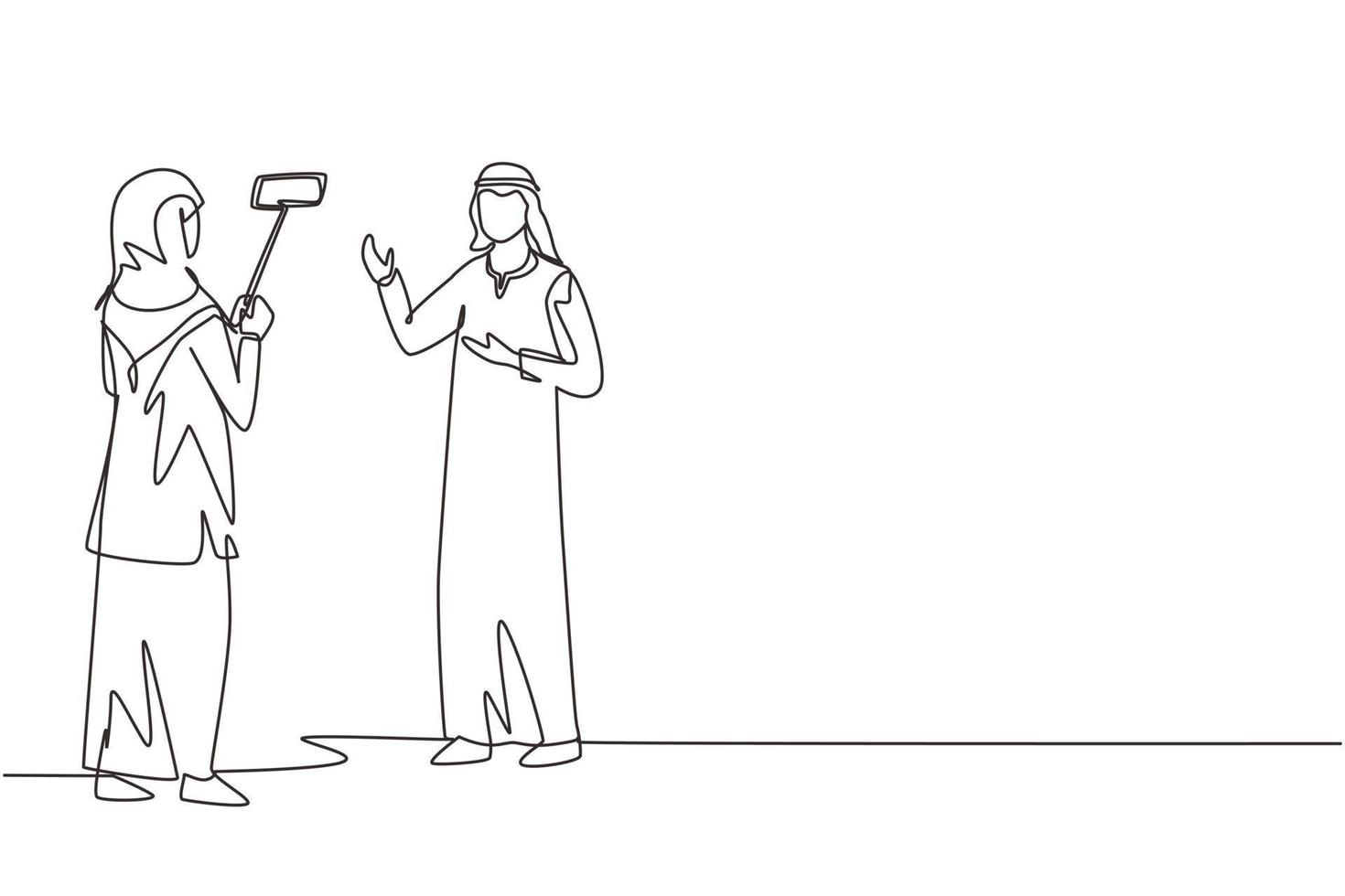 Single one line drawing blogging, vlogging, live video streaming, Arabian influencer opinion. Blogger, vlogger shooting video, create engaging content. Continuous line draw design vector illustration