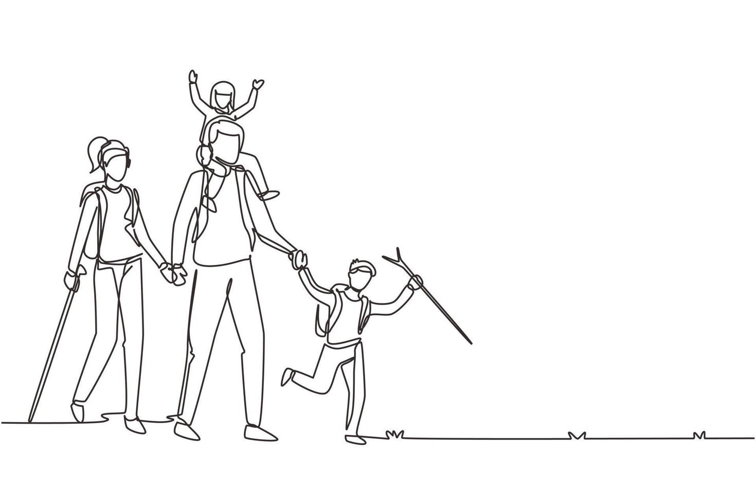 Single continuous line drawing happy family is hiking in the forest. Father, mother and children hiking and camping with backpack at nature. Dynamic one line draw graphic design vector illustration