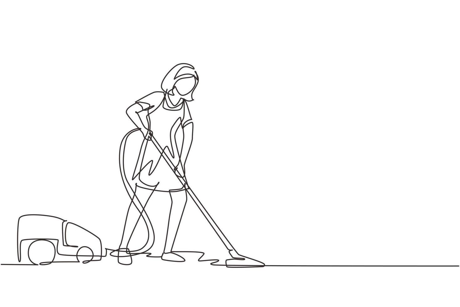 Continuous one line drawing woman with vacuum cleaners of various types isolated on white background. Washing, cleaning service. Disinfection and cleaning. Single line draw design vector illustration