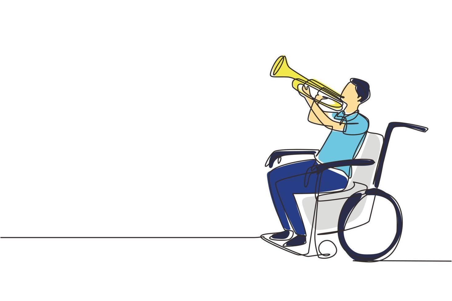 Continuous one line drawing handsome male in wheelchair playing trumpet during music lesson. Physically disabled. Person in hospital. Rehabilitation center patient. Single line draw design vector