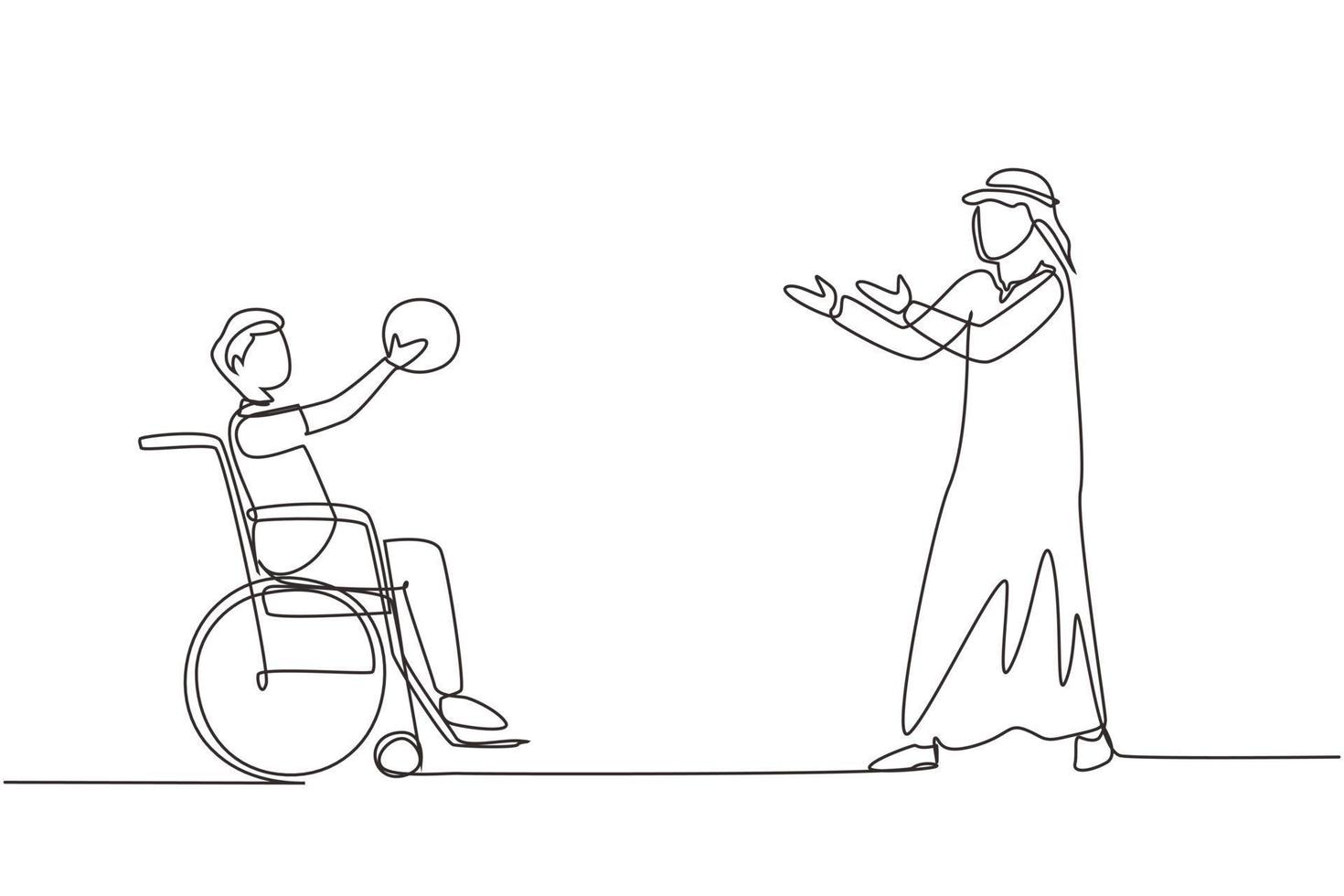 Single one line drawing joyful disabled young Arabian man in wheelchair playing basketball. Concept of adaptive sports for disabled people. Continuous line draw design graphic vector illustration