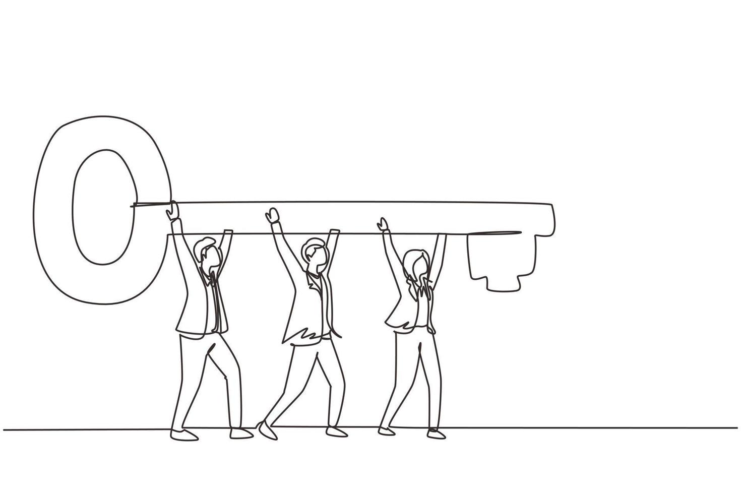 Single continuous line drawing business teamwork key of success concept. Businessman working in team. People lifting key of success, stepping forward to open bright future. One line draw design vector