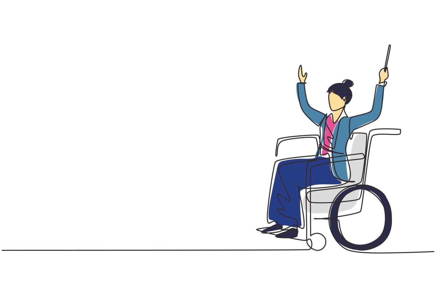 dibujo de una sola línea continua hermosa mujer conductora sentada en una orquesta líder en silla de ruedas. discapacidad, música clásica. Físicamente desarmado. ilustración de vector de diseño gráfico de dibujo de una línea