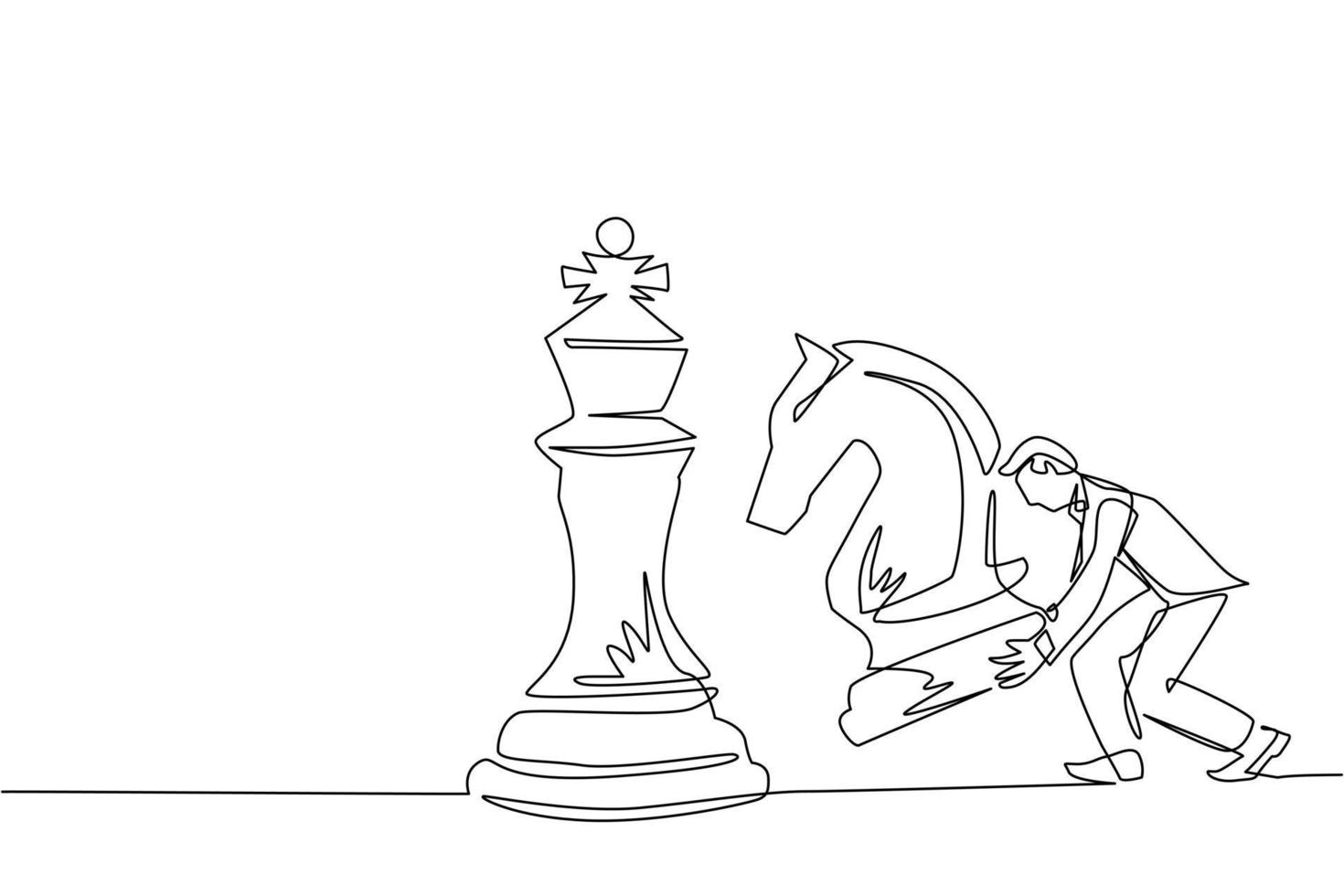 Single one line drawing businessman holding knight chess piece to beat king chess. Strategic planning, business development strategy, tactics in entrepreneurship. Continuous line draw design vector