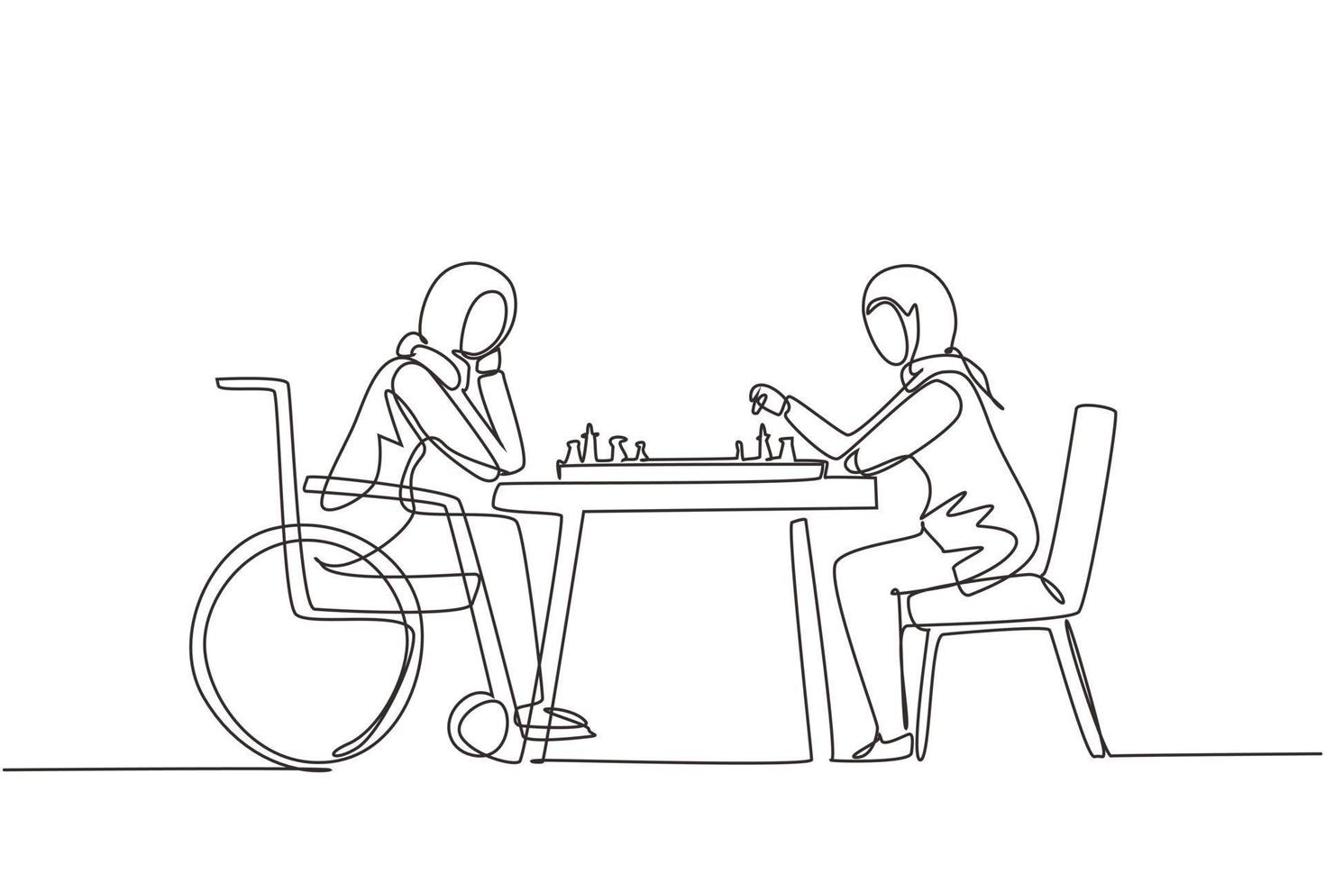 Continuous one line drawing disabled young Arabian woman in wheelchair plays chess with friend. People on social adaptation, hobby, tolerance, accessibility, diversity. Single line draw design vector