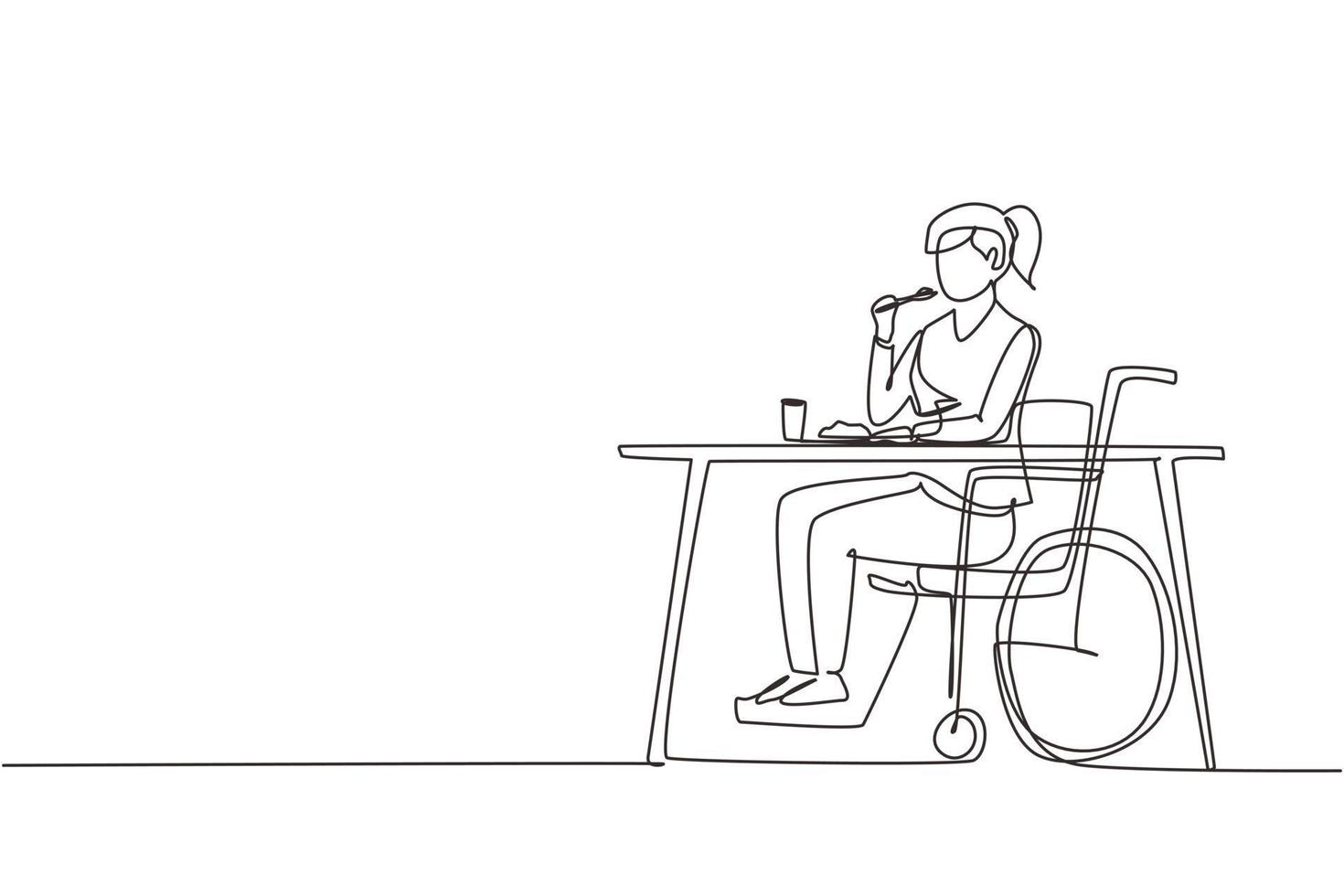 Continuous one line drawing female young wheelchair user eating food sitting at the table. Having lunch, snack in cafe. Society and disabled people. Single line draw design vector graphic illustration