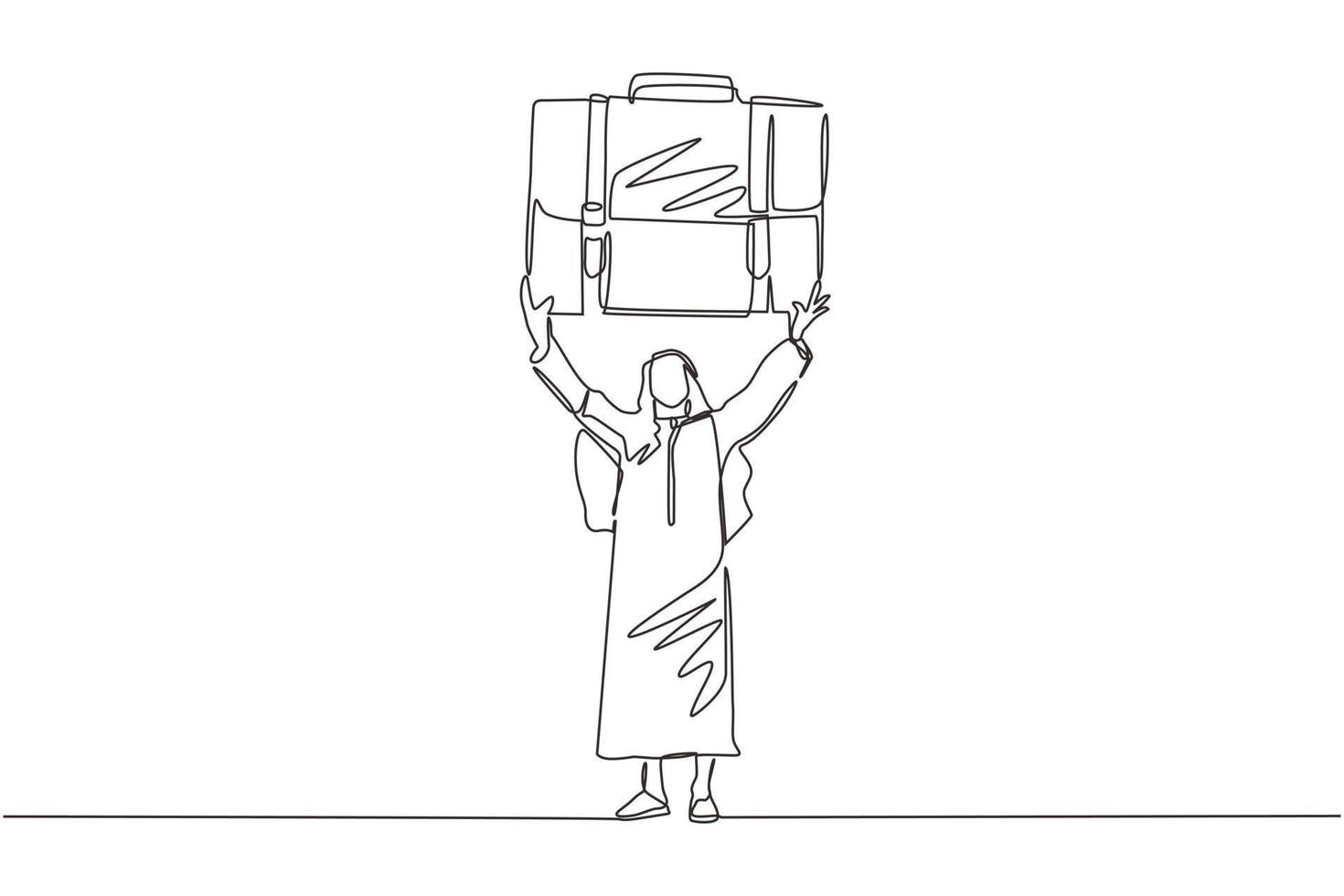 Single one line drawing Arabian manager or businessman raises big briefcase. Business person has achieved success. Rejoices in success. Modern continuous line draw design graphic vector illustration