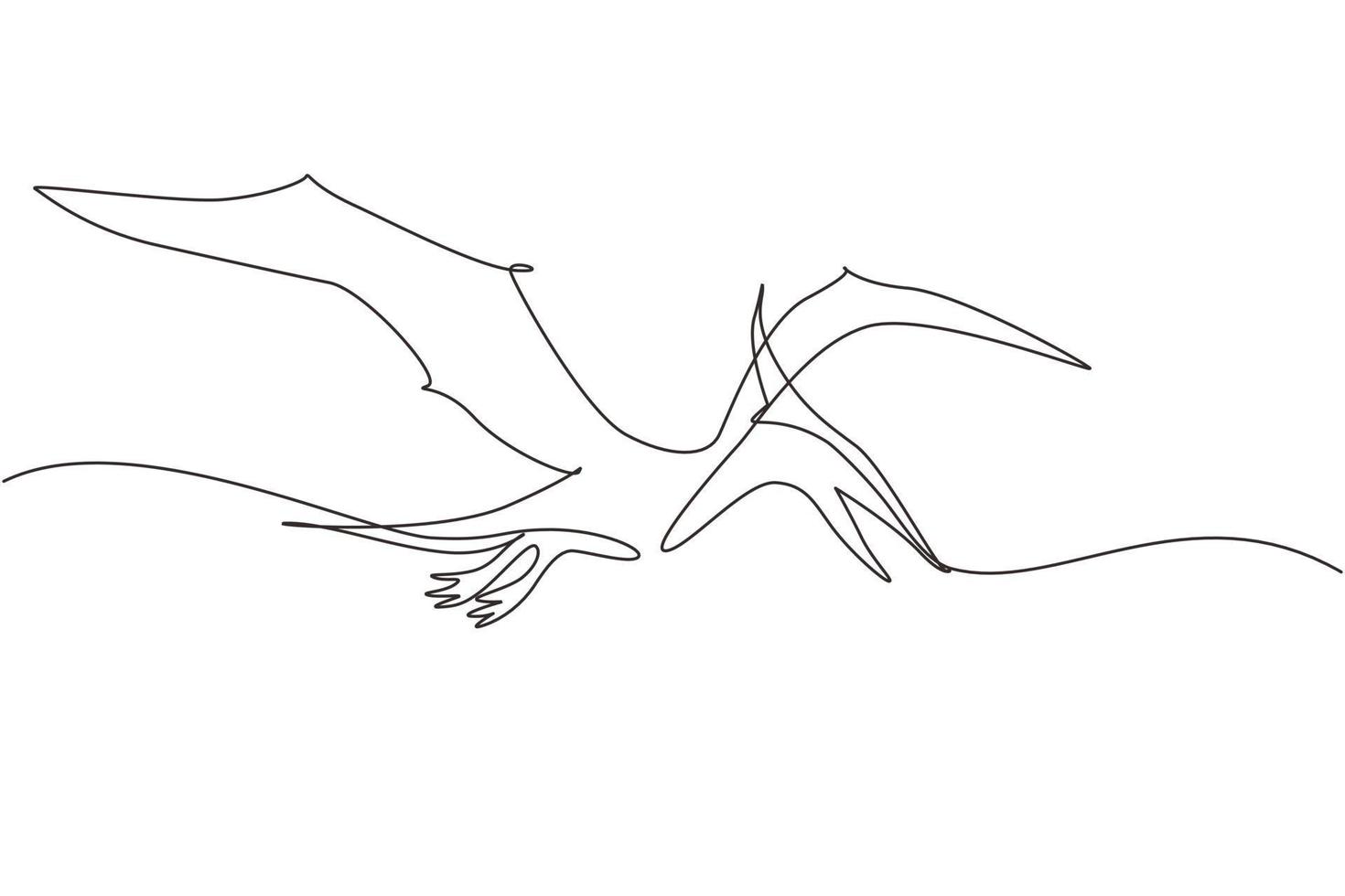 Continuous one line drawing flying pterodactyl dinosaur isolated on white background. Extinct ancient animals. Animal history for education. Single line draw design vector graphic illustration