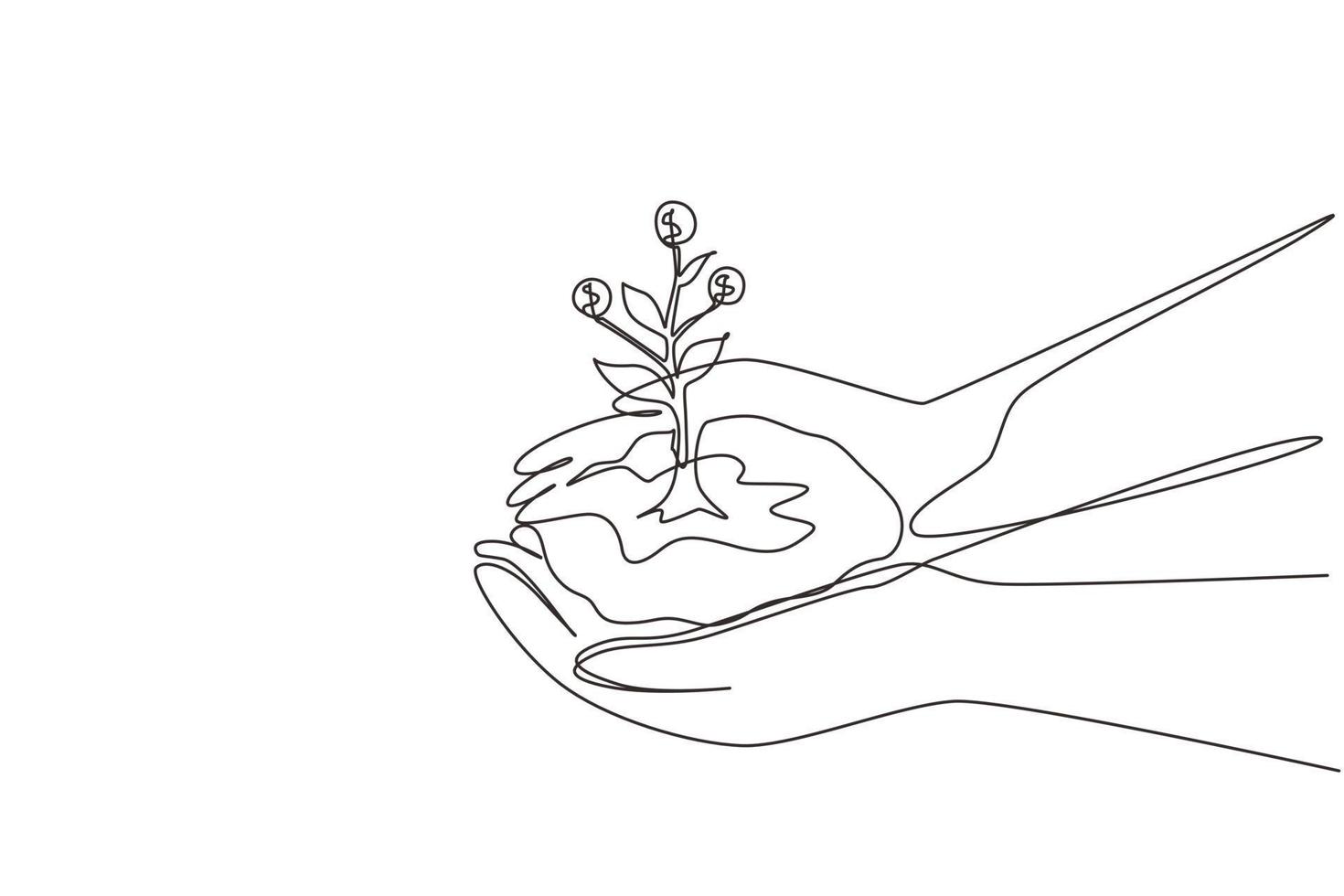 Single one line drawing hand holding sprout a money tree in nature green forest. Businessman hand hold growing money tree. Investment concept. Continuous line draw design graphic vector illustration