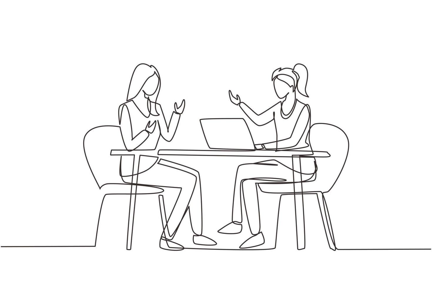 Single one line drawing TV show with guest. Female celebrity giving interview to television presenter in studio, journalist asking famous woman host. Continuous line draw design vector illustration