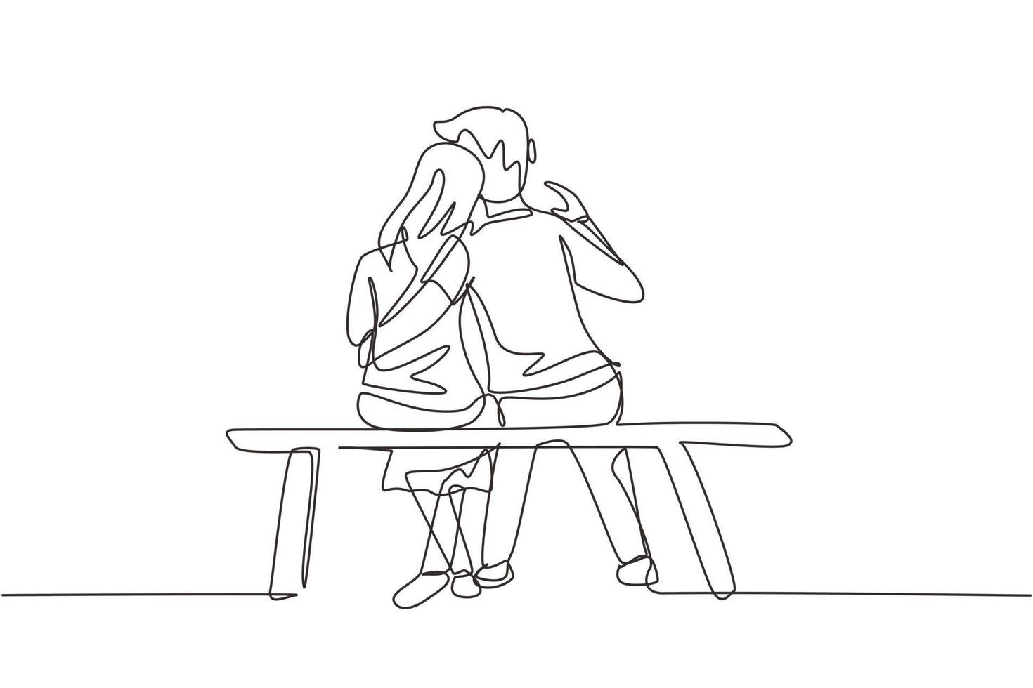 Single one line drawing embracing couple sitting on bench. Happy family concept. Couple in relationship in love. Happy man hugging his partner woman.. Modern continuous line draw design graphic vector