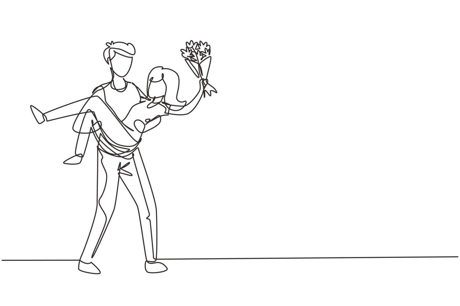 Single one line drawing man holding a woman and making marriage proposal with bouquet. Boy in love giving flowers. Happy couple getting ready for wedding. Continuous line draw design graphic vector