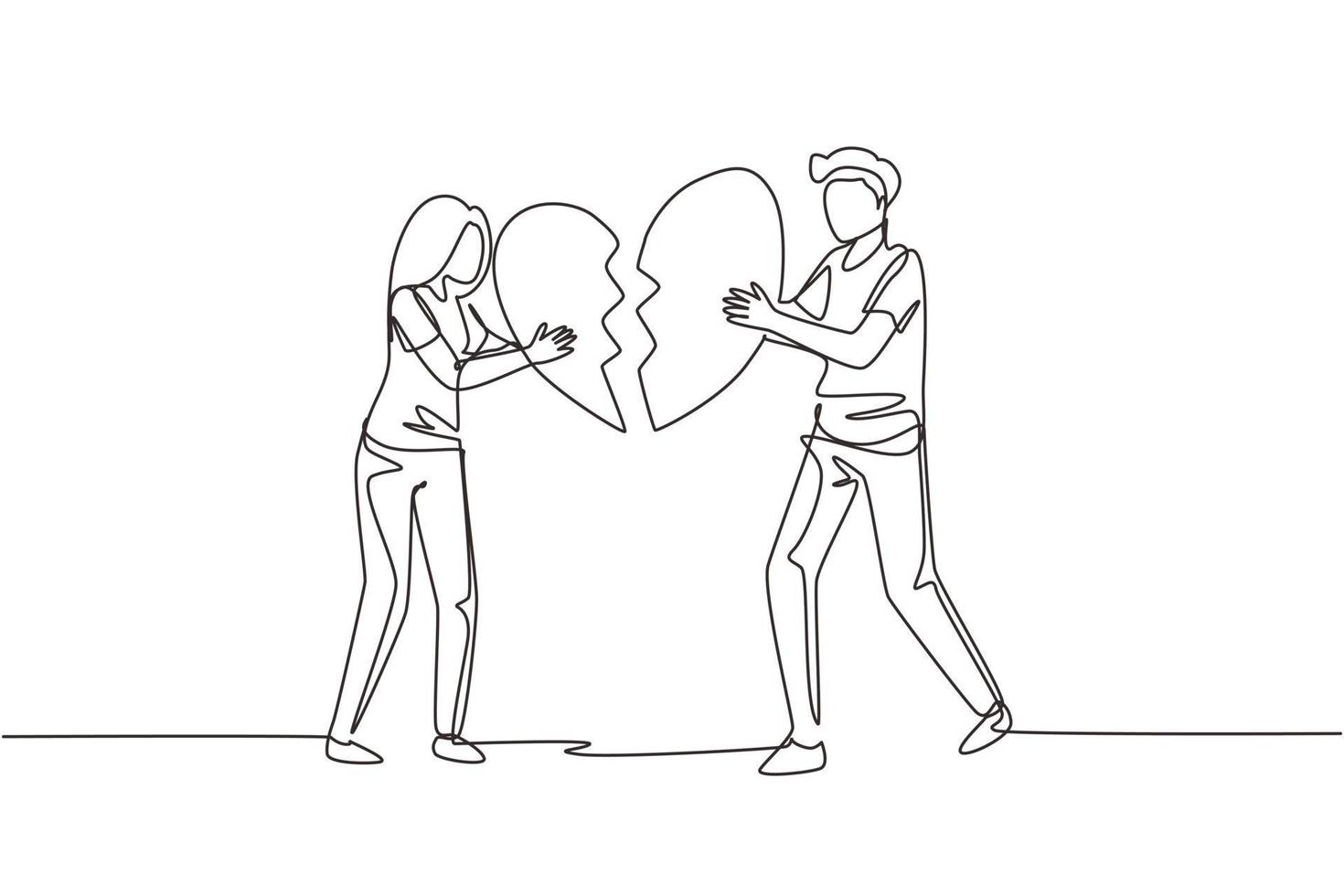 dibujo de una sola línea separación de pareja desconsolada, divorcio. triste joven y mujer tratando de juntar partes de un corazón roto. ilustración de vector gráfico de diseño de dibujo de línea continua moderna