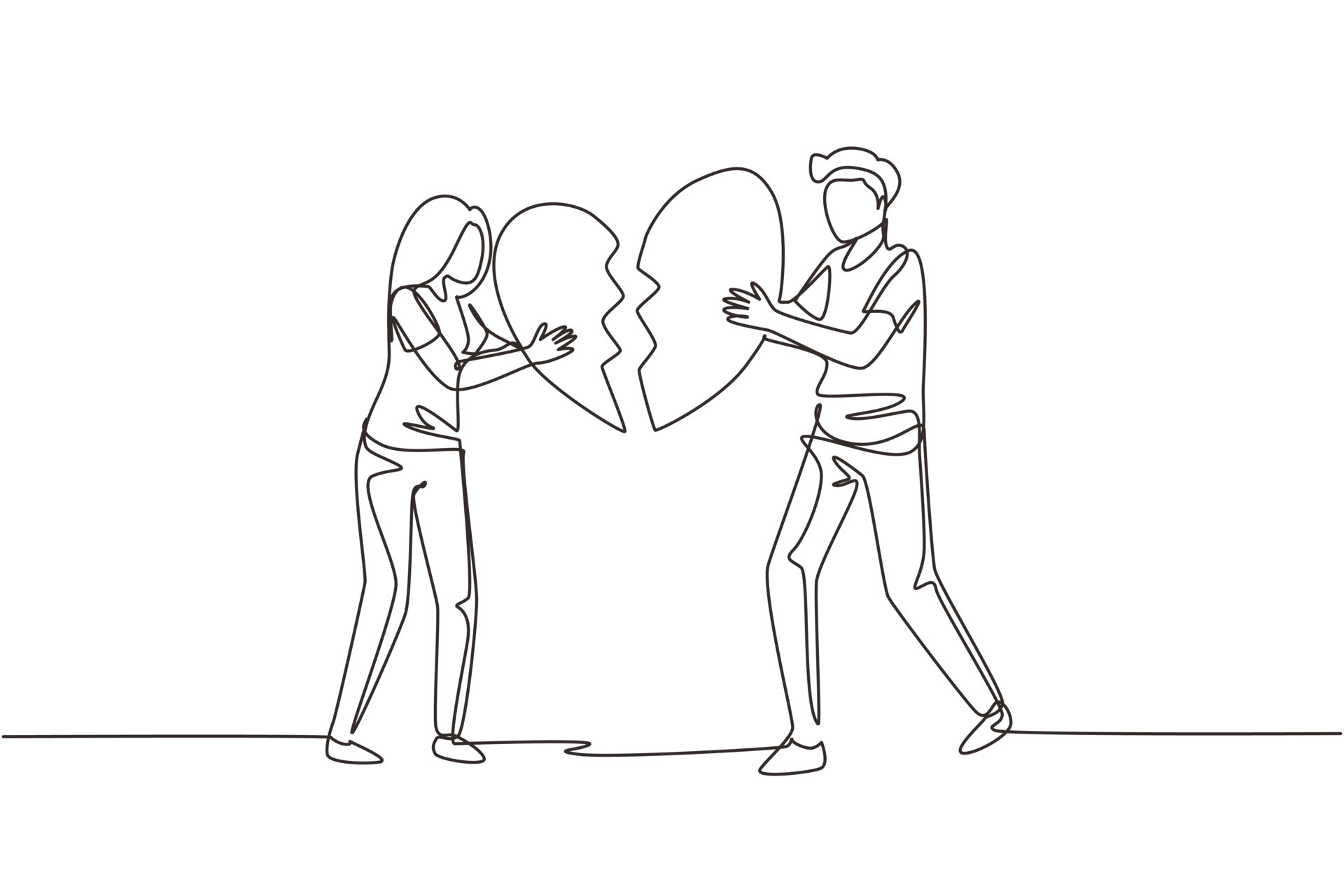 Drawings Of Broken People Single One Line Drawing Heartbroken Couple Parting Divorce Sad Young Man And Woman Trying To Put Together Parts Of Broken Heart Modern Continuous Line Draw Design Graphic Illustration Vector