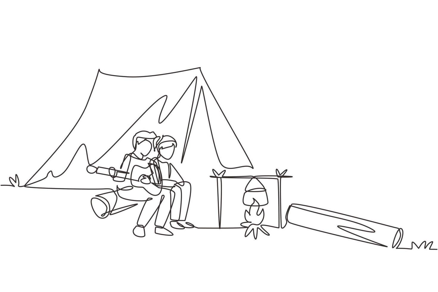 un solo dibujo de una línea pareja de excursionistas sentados en troncos cocinando agua en una olla hirviendo, hombre tocando la guitarra en la hoguera cerca de la tienda de campaña camping naturaleza montaña. ilustración de vector de diseño de dibujo de línea continua