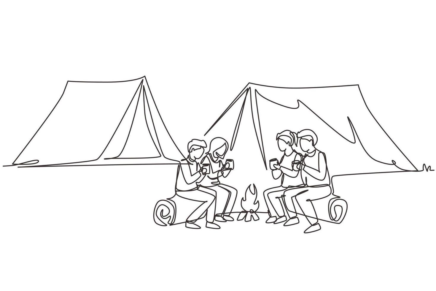 Single continuous line drawing happy two pair man and woman getting warm near campfire. Group of people camping drinking tea sitting on logs in forest. One line draw graphic design vector illustration