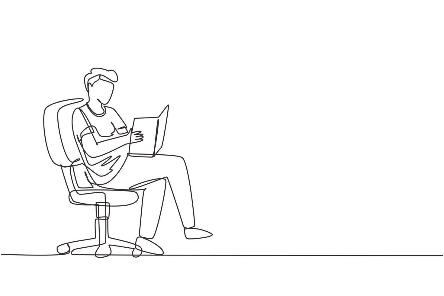 Continuous one line drawing modern young man reading book sitting in chair. Smart male reader enjoying literature, studying and preparing for exam. Single line draw design vector graphic illustration