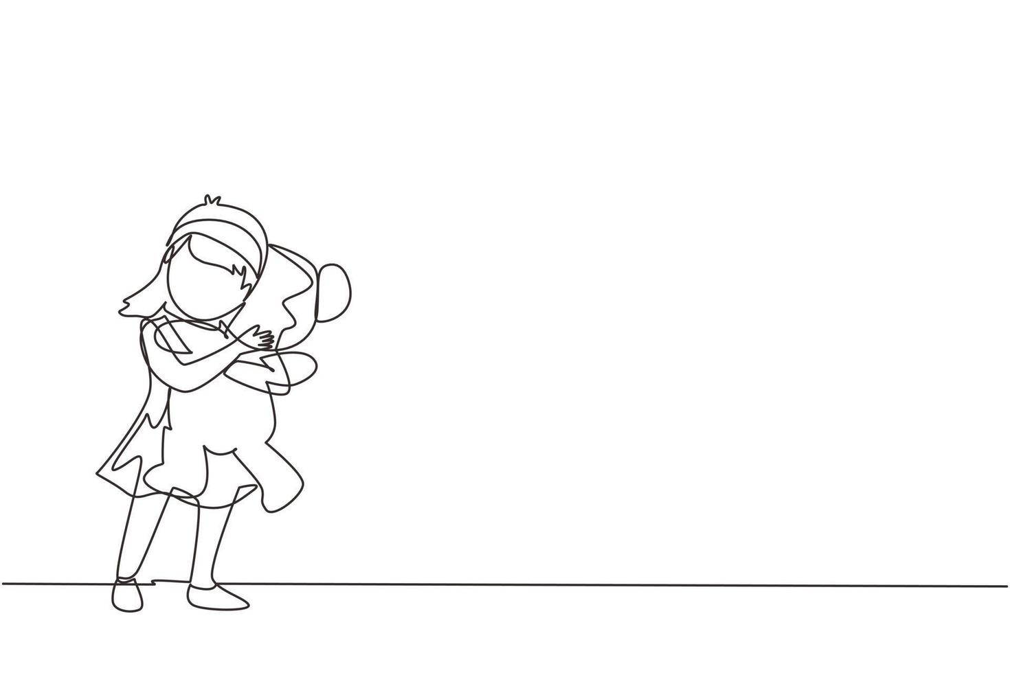 Single one line drawing cute little girl standing and hugging teddy bear. Portrait of expressive kid hugging her plush bear friend. Little girl playing. Continuous line draw design vector illustration