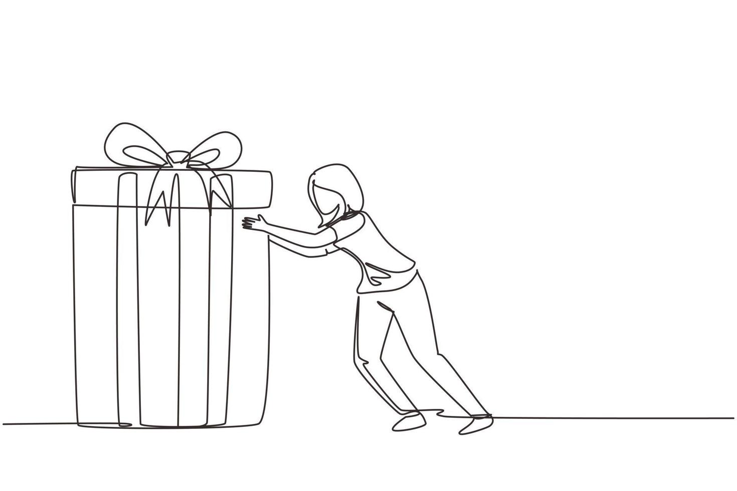 Single one line drawing young woman pushes in front of her huge gift . Giving gifts for holiday concept. Wrapped birthday gift box with bow. Present, gift, birthday. Continuous line draw design vector