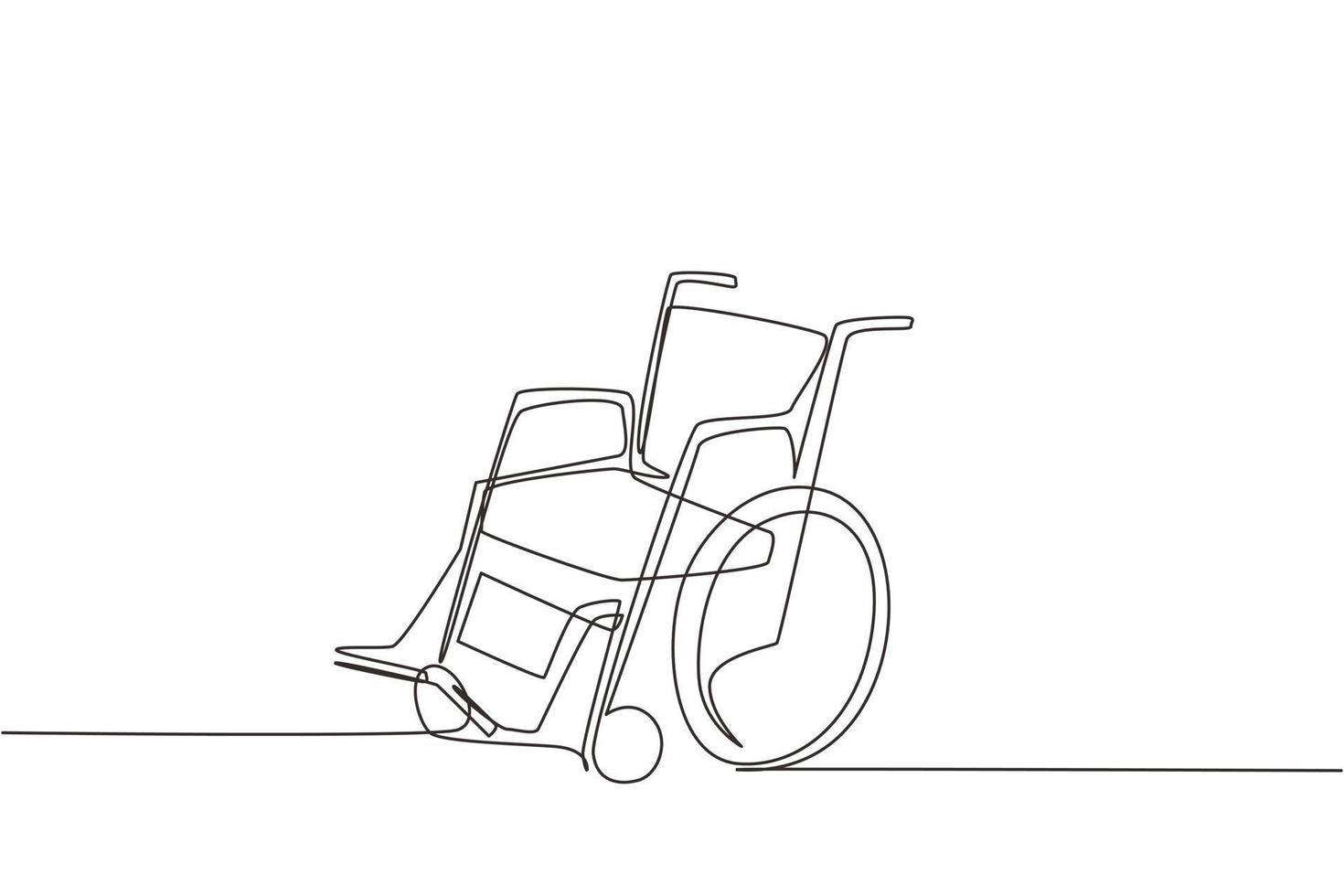 Continuous one line drawing wheelchair for people with disabilities. Empty walk pram carriage device. Hand drawn healthcare therapy object. Single line draw design vector graphic illustration
