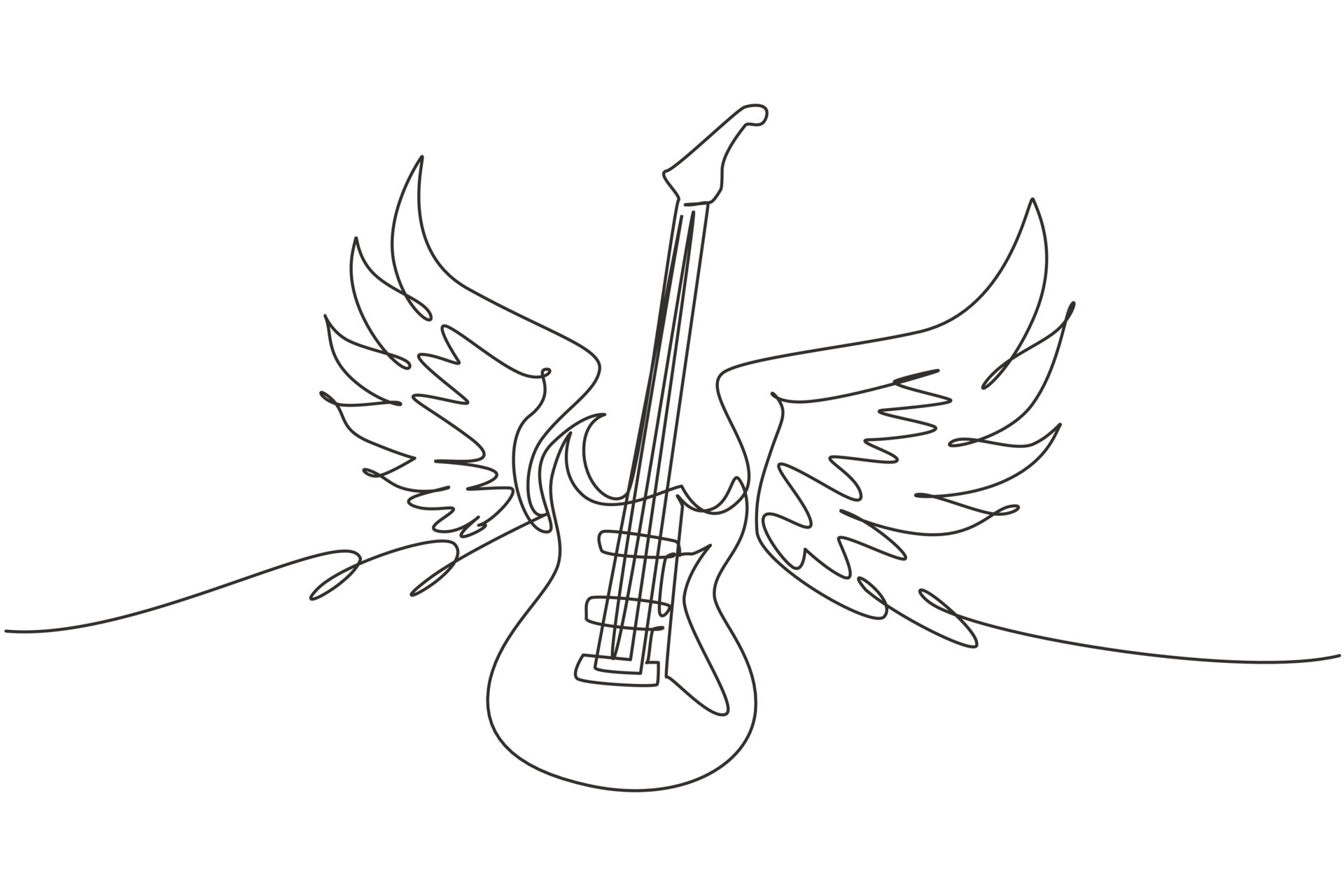 guitarra eléctrica de dibujo de una sola línea con alas. etiqueta vintage, ilustración, logotipo. signo de rock, gesto para el logo del festival de música. ilustración de vector gráfico de diseño de guitarra eléctrica de dibujo de una sola línea con alas. etiqueta vintage, ilustración, logotipo. signo de rock, gesto para el logo del festival de música. ilustración de vector gráfico de diseño de