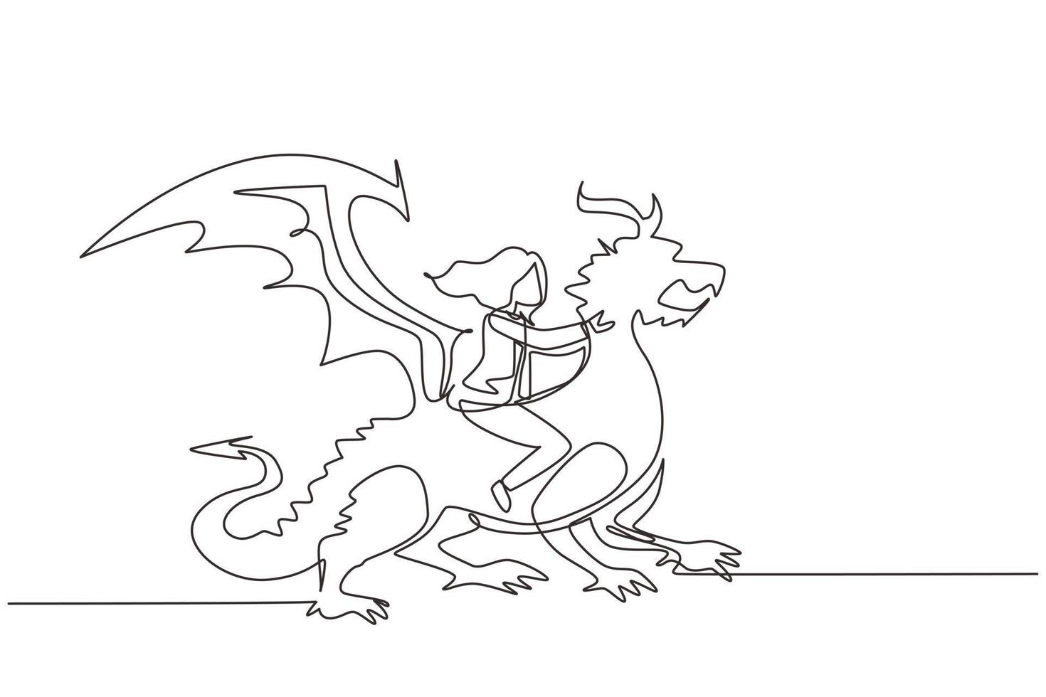 Single one line drawing businesswoman riding dragon. Conquering adversity, courage, victory, leadership in business. Professional entrepreneur. Continuous line draw design graphic vector illustration