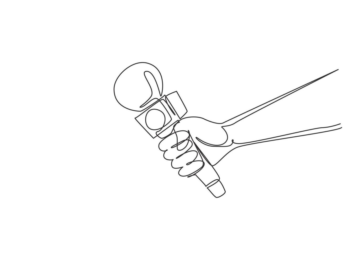 Continuous one line drawing visual on global news, journalism, live press report or interview with hand holding microphone and abstract media icons and symbols. Single line draw design vector graphic