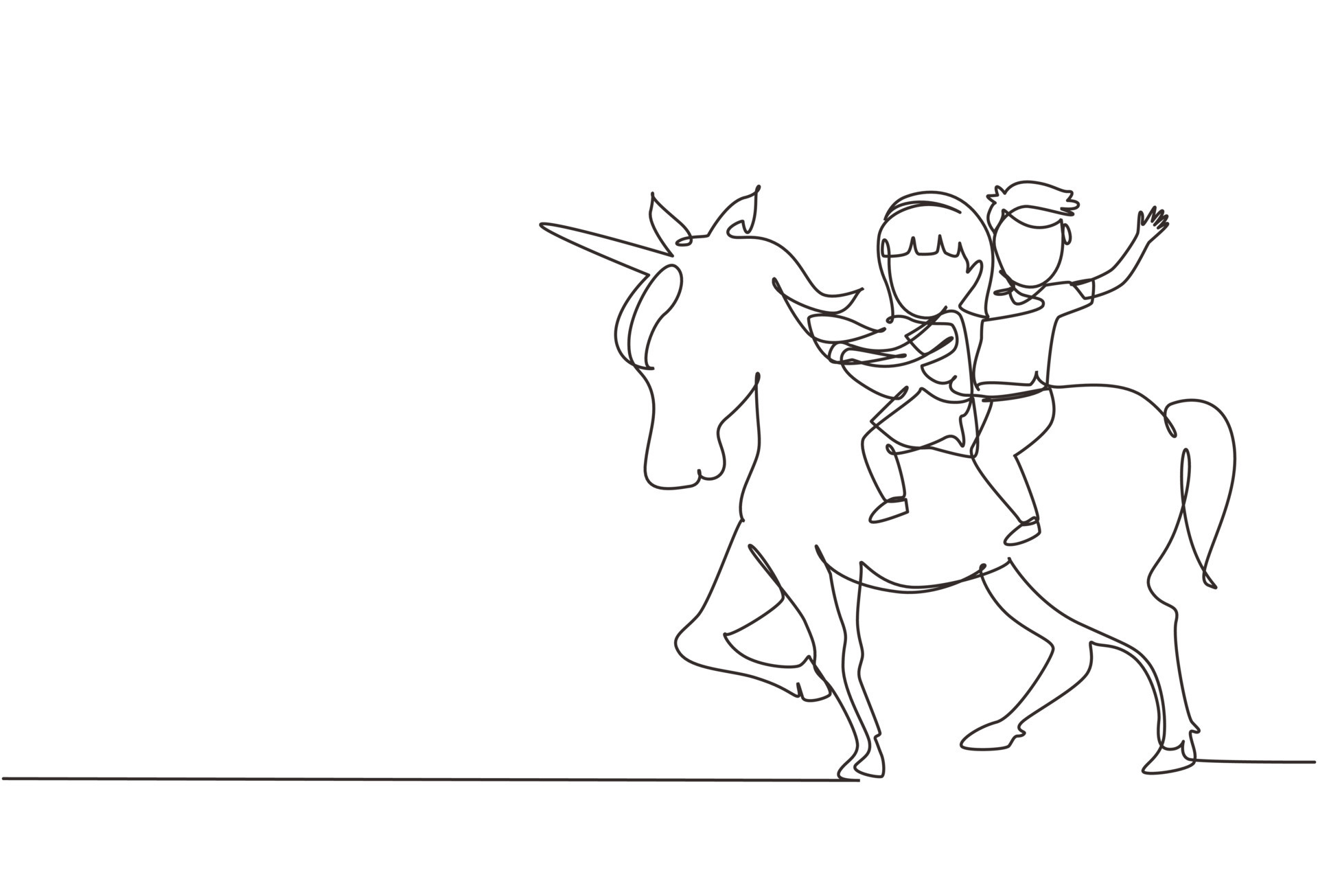 Single continuous line drawing happy cute boy and girl riding cute
