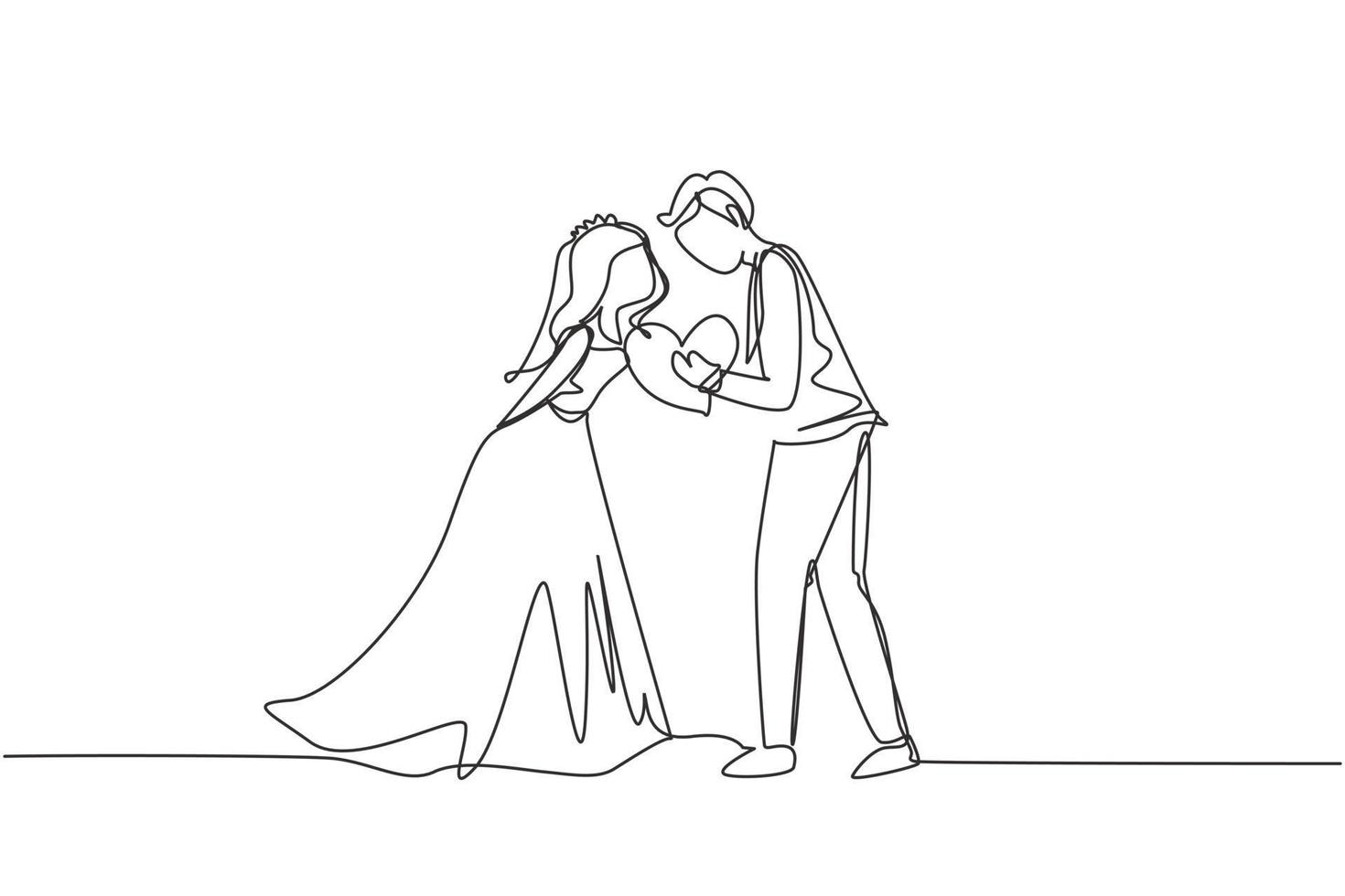 dibujo de una sola línea hombre y mujer besándose con forma de corazón y vestido de novia. besando a una pareja casada de amantes. pareja romántica enamorada. vector gráfico de diseño de dibujo de línea continua