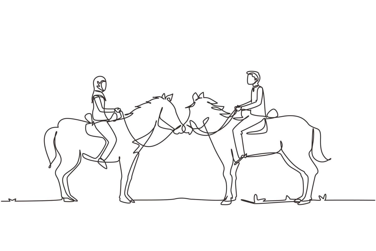 Single one line drawing romantic Arab couple in love riding horse. Young man and woman meet for dating with ride horse. Engagement and love relation. Modern continuous line draw design graphic vector