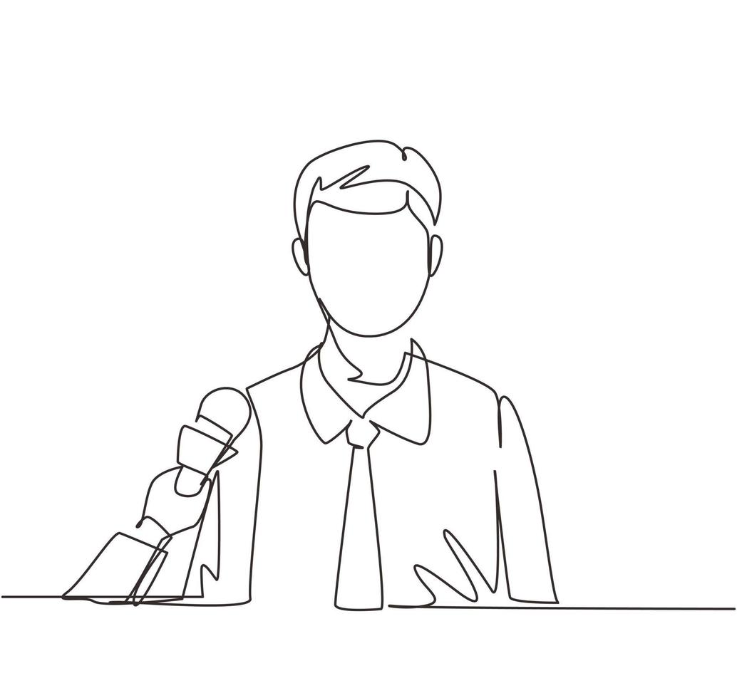 Single continuous line drawing businessman giving an interview in the presence of journalists with microphones. Man gives comments and opinions for breaking news. Dynamic one line draw design vector