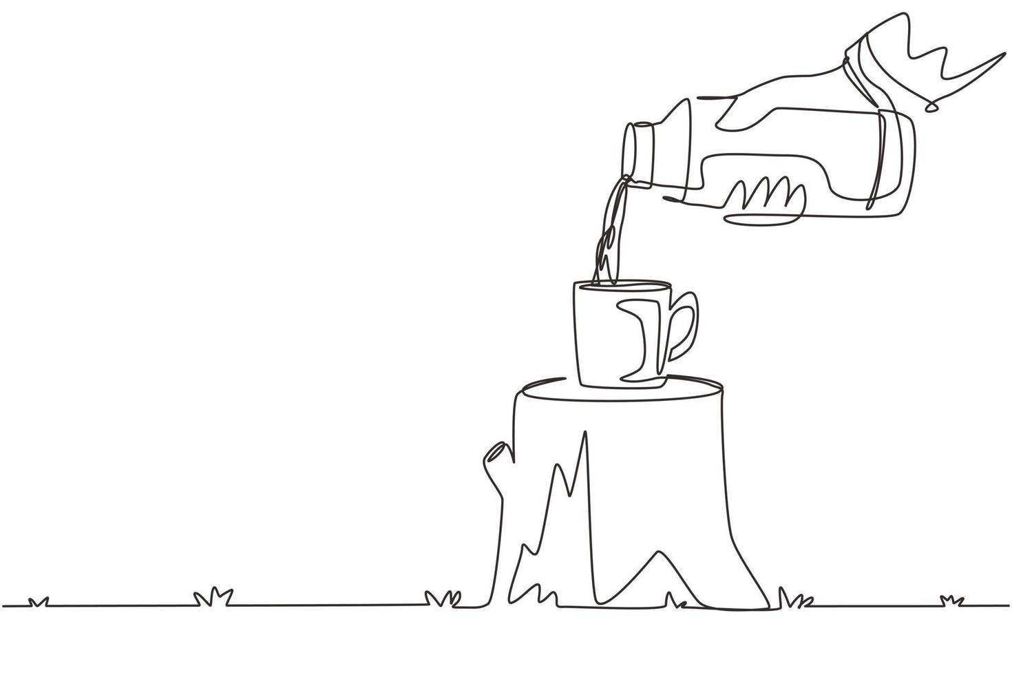Continuous one line drawing male hand pouring hot tea into mug from thermos in winter forest. Warming drink in cold weather. Hike, camping concept. Single line draw design vector graphic illustration