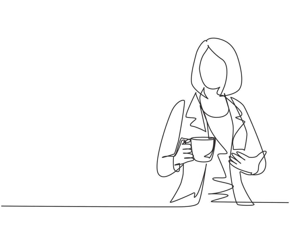 mujer de negocios de dibujo de una sola línea sosteniendo y mostrando una taza de café sentada en la cafetería. código de vestimenta de negocios. disfrute del tiempo de relajación después de la oficina. ilustración de vector de diseño de dibujo de línea continua